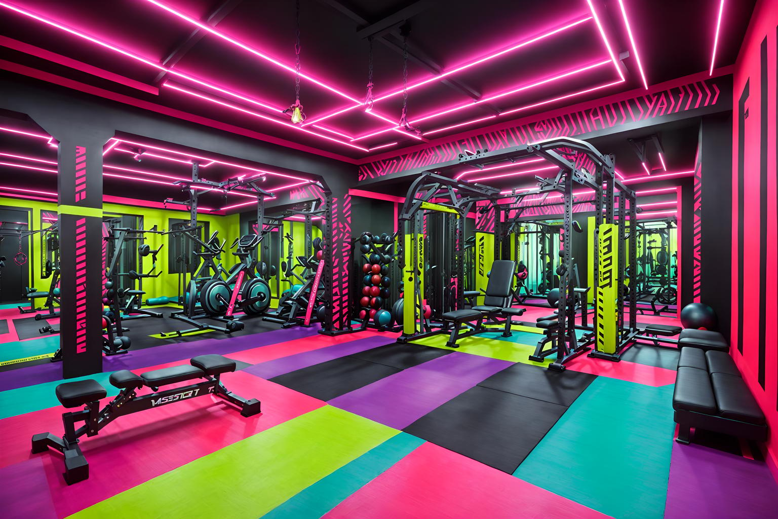 maximalist-style (fitness gym interior) with crosstrainer and exercise bicycle and dumbbell stand and squat rack and bench press and crosstrainer. . with vibrant and bold colors and more is more philosophy and eye-catching and bold design and over-the-top aesthetic and playful and bold creativity. . cinematic photo, highly detailed, cinematic lighting, ultra-detailed, ultrarealistic, photorealism, 8k. maximalist interior design style. masterpiece, cinematic light, ultrarealistic+, photorealistic+, 8k, raw photo, realistic, sharp focus on eyes, (symmetrical eyes), (intact eyes), hyperrealistic, highest quality, best quality, , highly detailed, masterpiece, best quality, extremely detailed 8k wallpaper, masterpiece, best quality, ultra-detailed, best shadow, detailed background, detailed face, detailed eyes, high contrast, best illumination, detailed face, dulux, caustic, dynamic angle, detailed glow. dramatic lighting. highly detailed, insanely detailed hair, symmetrical, intricate details, professionally retouched, 8k high definition. strong bokeh. award winning photo.