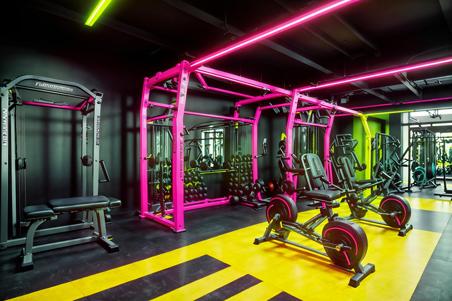 maximalist-style (fitness gym interior) with crosstrainer and exercise bicycle and dumbbell stand and squat rack and bench press and crosstrainer. . with vibrant and bold colors and more is more philosophy and eye-catching and bold design and over-the-top aesthetic and playful and bold creativity. . cinematic photo, highly detailed, cinematic lighting, ultra-detailed, ultrarealistic, photorealism, 8k. maximalist interior design style. masterpiece, cinematic light, ultrarealistic+, photorealistic+, 8k, raw photo, realistic, sharp focus on eyes, (symmetrical eyes), (intact eyes), hyperrealistic, highest quality, best quality, , highly detailed, masterpiece, best quality, extremely detailed 8k wallpaper, masterpiece, best quality, ultra-detailed, best shadow, detailed background, detailed face, detailed eyes, high contrast, best illumination, detailed face, dulux, caustic, dynamic angle, detailed glow. dramatic lighting. highly detailed, insanely detailed hair, symmetrical, intricate details, professionally retouched, 8k high definition. strong bokeh. award winning photo.