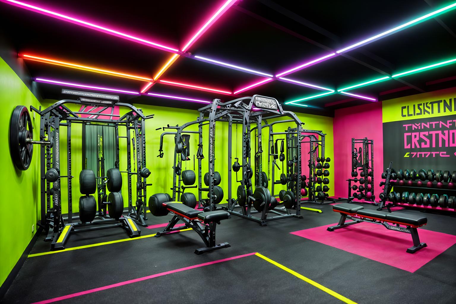 maximalist-style (fitness gym interior) with crosstrainer and exercise bicycle and dumbbell stand and squat rack and bench press and crosstrainer. . with vibrant and bold colors and more is more philosophy and eye-catching and bold design and over-the-top aesthetic and playful and bold creativity. . cinematic photo, highly detailed, cinematic lighting, ultra-detailed, ultrarealistic, photorealism, 8k. maximalist interior design style. masterpiece, cinematic light, ultrarealistic+, photorealistic+, 8k, raw photo, realistic, sharp focus on eyes, (symmetrical eyes), (intact eyes), hyperrealistic, highest quality, best quality, , highly detailed, masterpiece, best quality, extremely detailed 8k wallpaper, masterpiece, best quality, ultra-detailed, best shadow, detailed background, detailed face, detailed eyes, high contrast, best illumination, detailed face, dulux, caustic, dynamic angle, detailed glow. dramatic lighting. highly detailed, insanely detailed hair, symmetrical, intricate details, professionally retouched, 8k high definition. strong bokeh. award winning photo.