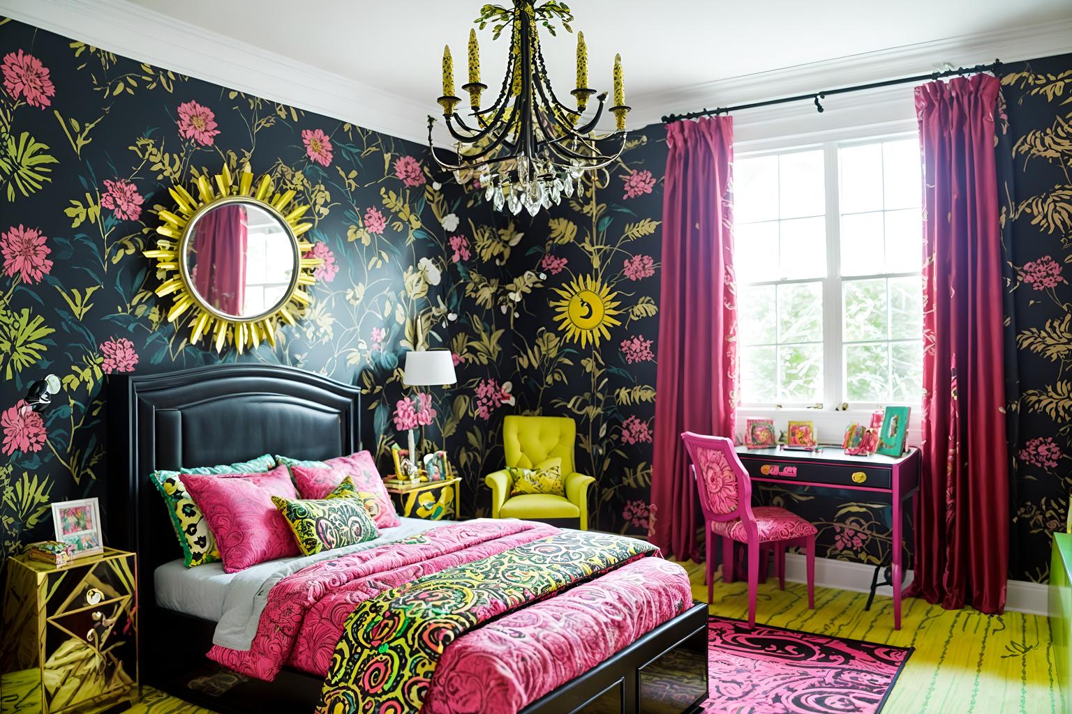 maximalist-style (kids room interior) with plant and accent chair and mirror and bed and headboard and night light and kids desk and storage bench or ottoman. . with more is more philosophy and over-the-top aesthetic and eye-catching and bold patterns and bold design and bold colors and playful and bold creativity. . cinematic photo, highly detailed, cinematic lighting, ultra-detailed, ultrarealistic, photorealism, 8k. maximalist interior design style. masterpiece, cinematic light, ultrarealistic+, photorealistic+, 8k, raw photo, realistic, sharp focus on eyes, (symmetrical eyes), (intact eyes), hyperrealistic, highest quality, best quality, , highly detailed, masterpiece, best quality, extremely detailed 8k wallpaper, masterpiece, best quality, ultra-detailed, best shadow, detailed background, detailed face, detailed eyes, high contrast, best illumination, detailed face, dulux, caustic, dynamic angle, detailed glow. dramatic lighting. highly detailed, insanely detailed hair, symmetrical, intricate details, professionally retouched, 8k high definition. strong bokeh. award winning photo.