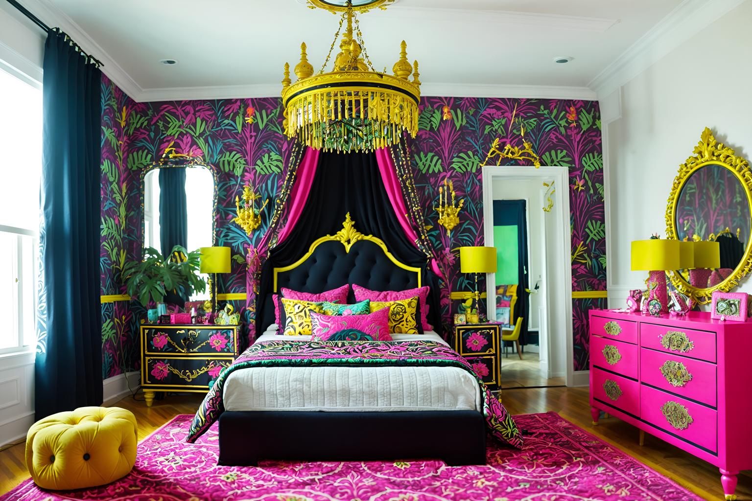 maximalist-style (kids room interior) with plant and accent chair and mirror and bed and headboard and night light and kids desk and storage bench or ottoman. . with more is more philosophy and over-the-top aesthetic and eye-catching and bold patterns and bold design and bold colors and playful and bold creativity. . cinematic photo, highly detailed, cinematic lighting, ultra-detailed, ultrarealistic, photorealism, 8k. maximalist interior design style. masterpiece, cinematic light, ultrarealistic+, photorealistic+, 8k, raw photo, realistic, sharp focus on eyes, (symmetrical eyes), (intact eyes), hyperrealistic, highest quality, best quality, , highly detailed, masterpiece, best quality, extremely detailed 8k wallpaper, masterpiece, best quality, ultra-detailed, best shadow, detailed background, detailed face, detailed eyes, high contrast, best illumination, detailed face, dulux, caustic, dynamic angle, detailed glow. dramatic lighting. highly detailed, insanely detailed hair, symmetrical, intricate details, professionally retouched, 8k high definition. strong bokeh. award winning photo.