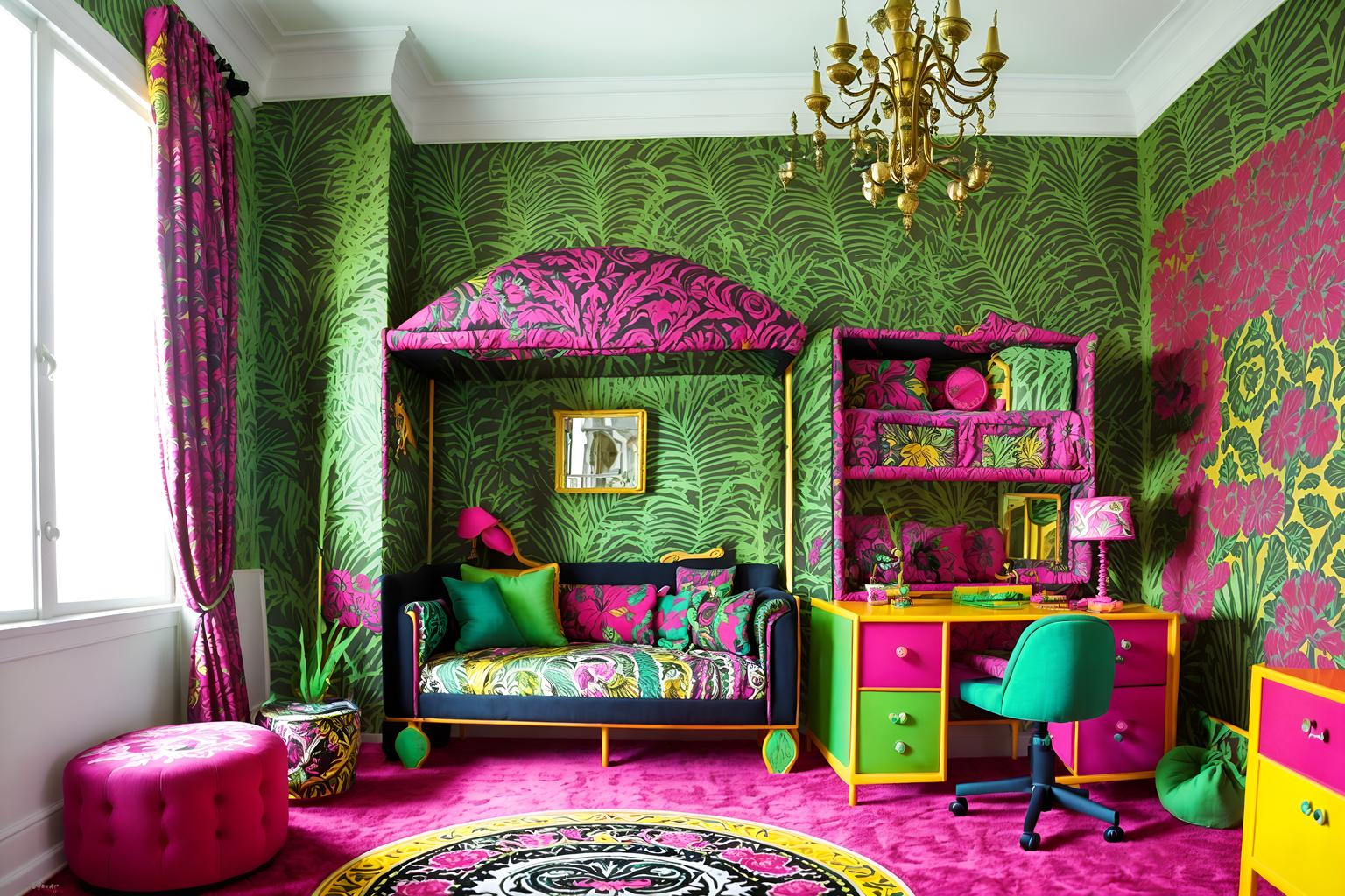 maximalist-style (kids room interior) with plant and accent chair and mirror and bed and headboard and night light and kids desk and storage bench or ottoman. . with more is more philosophy and over-the-top aesthetic and eye-catching and bold patterns and bold design and bold colors and playful and bold creativity. . cinematic photo, highly detailed, cinematic lighting, ultra-detailed, ultrarealistic, photorealism, 8k. maximalist interior design style. masterpiece, cinematic light, ultrarealistic+, photorealistic+, 8k, raw photo, realistic, sharp focus on eyes, (symmetrical eyes), (intact eyes), hyperrealistic, highest quality, best quality, , highly detailed, masterpiece, best quality, extremely detailed 8k wallpaper, masterpiece, best quality, ultra-detailed, best shadow, detailed background, detailed face, detailed eyes, high contrast, best illumination, detailed face, dulux, caustic, dynamic angle, detailed glow. dramatic lighting. highly detailed, insanely detailed hair, symmetrical, intricate details, professionally retouched, 8k high definition. strong bokeh. award winning photo.