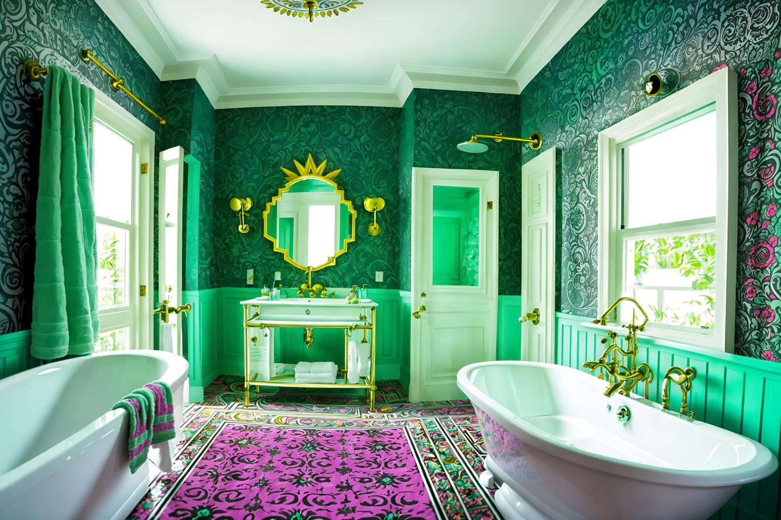 maximalist-style (hotel bathroom interior) with bathtub and bathroom cabinet and bath towel and waste basket and bath rail and mirror and shower and bathroom sink with faucet. . with bold design and eye-catching and bold colors and bold creativity and over-the-top aesthetic and more is more philosophy and vibrant and bold patterns. . cinematic photo, highly detailed, cinematic lighting, ultra-detailed, ultrarealistic, photorealism, 8k. maximalist interior design style. masterpiece, cinematic light, ultrarealistic+, photorealistic+, 8k, raw photo, realistic, sharp focus on eyes, (symmetrical eyes), (intact eyes), hyperrealistic, highest quality, best quality, , highly detailed, masterpiece, best quality, extremely detailed 8k wallpaper, masterpiece, best quality, ultra-detailed, best shadow, detailed background, detailed face, detailed eyes, high contrast, best illumination, detailed face, dulux, caustic, dynamic angle, detailed glow. dramatic lighting. highly detailed, insanely detailed hair, symmetrical, intricate details, professionally retouched, 8k high definition. strong bokeh. award winning photo.