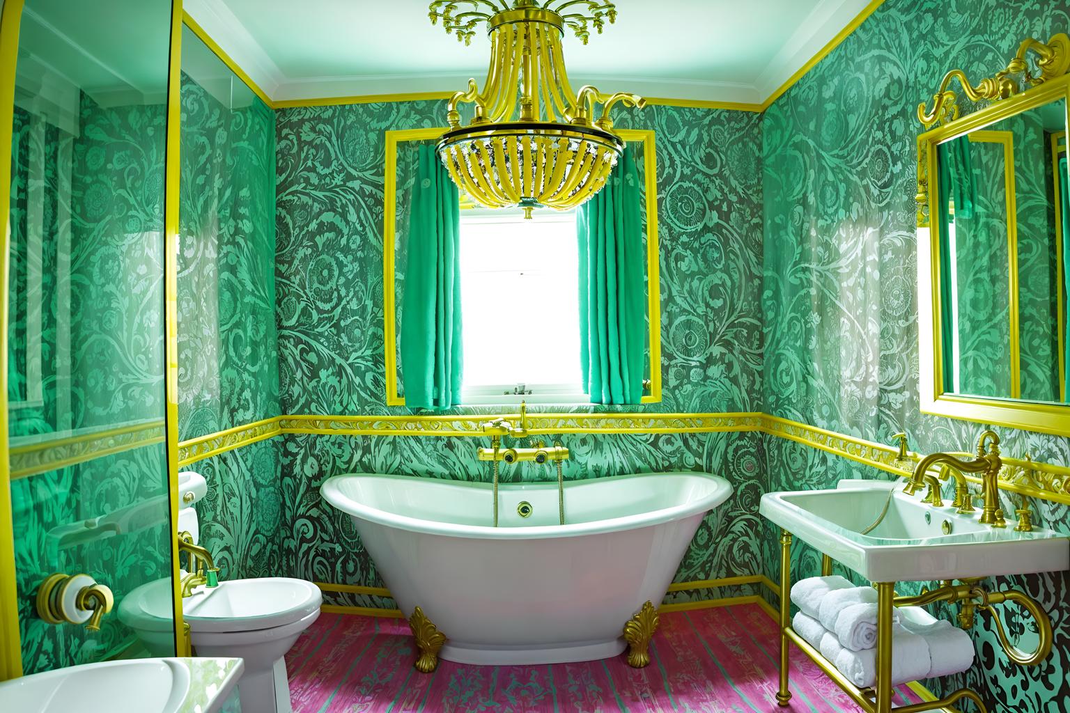 maximalist-style (hotel bathroom interior) with bathtub and bathroom cabinet and bath towel and waste basket and bath rail and mirror and shower and bathroom sink with faucet. . with bold design and eye-catching and bold colors and bold creativity and over-the-top aesthetic and more is more philosophy and vibrant and bold patterns. . cinematic photo, highly detailed, cinematic lighting, ultra-detailed, ultrarealistic, photorealism, 8k. maximalist interior design style. masterpiece, cinematic light, ultrarealistic+, photorealistic+, 8k, raw photo, realistic, sharp focus on eyes, (symmetrical eyes), (intact eyes), hyperrealistic, highest quality, best quality, , highly detailed, masterpiece, best quality, extremely detailed 8k wallpaper, masterpiece, best quality, ultra-detailed, best shadow, detailed background, detailed face, detailed eyes, high contrast, best illumination, detailed face, dulux, caustic, dynamic angle, detailed glow. dramatic lighting. highly detailed, insanely detailed hair, symmetrical, intricate details, professionally retouched, 8k high definition. strong bokeh. award winning photo.