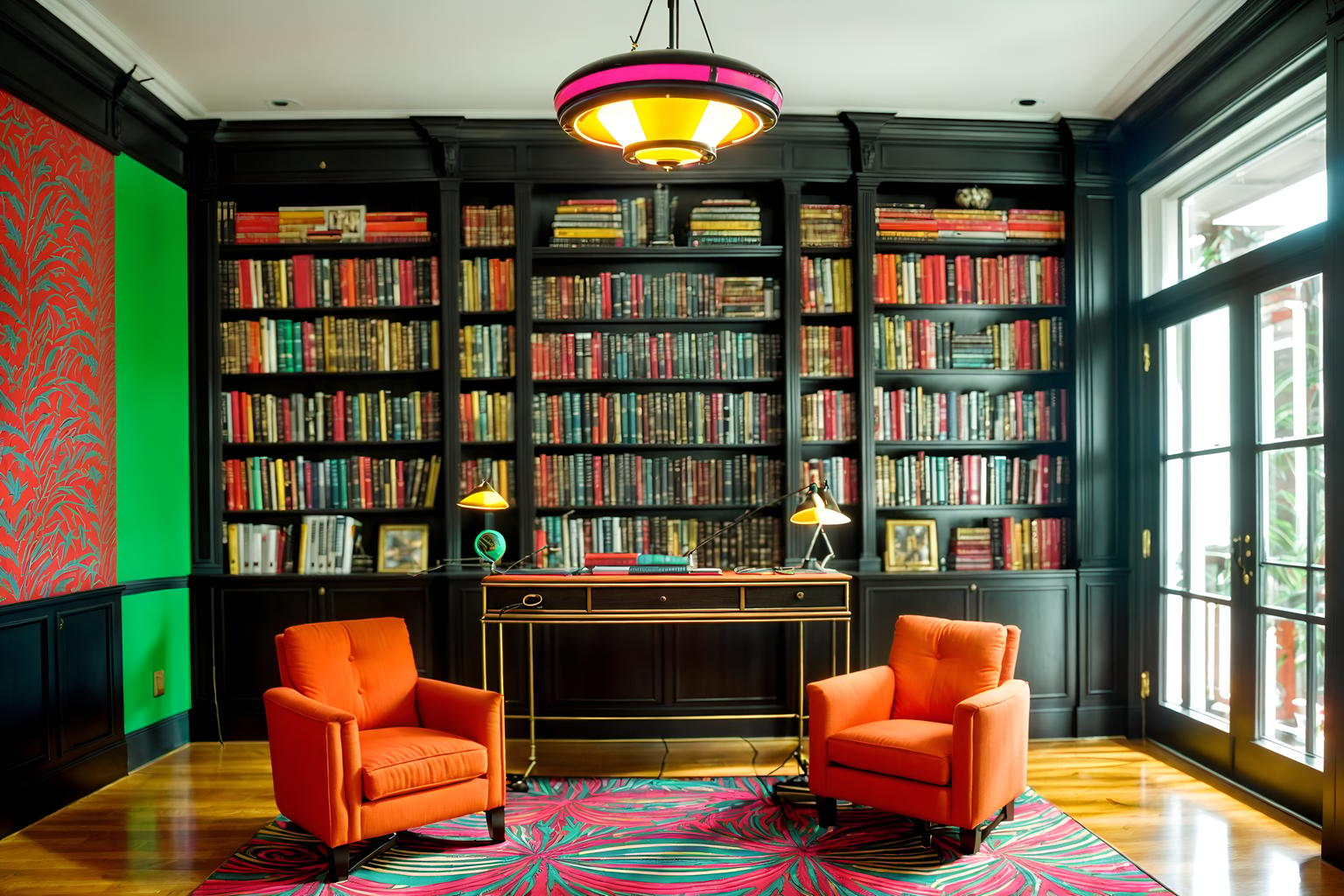 maximalist-style (study room interior) with desk lamp and bookshelves and cabinets and office chair and lounge chair and plant and writing desk and desk lamp. . with bold patterns and bold design and eye-catching and bold colors and vibrant and bold creativity and playful and more is more philosophy. . cinematic photo, highly detailed, cinematic lighting, ultra-detailed, ultrarealistic, photorealism, 8k. maximalist interior design style. masterpiece, cinematic light, ultrarealistic+, photorealistic+, 8k, raw photo, realistic, sharp focus on eyes, (symmetrical eyes), (intact eyes), hyperrealistic, highest quality, best quality, , highly detailed, masterpiece, best quality, extremely detailed 8k wallpaper, masterpiece, best quality, ultra-detailed, best shadow, detailed background, detailed face, detailed eyes, high contrast, best illumination, detailed face, dulux, caustic, dynamic angle, detailed glow. dramatic lighting. highly detailed, insanely detailed hair, symmetrical, intricate details, professionally retouched, 8k high definition. strong bokeh. award winning photo.