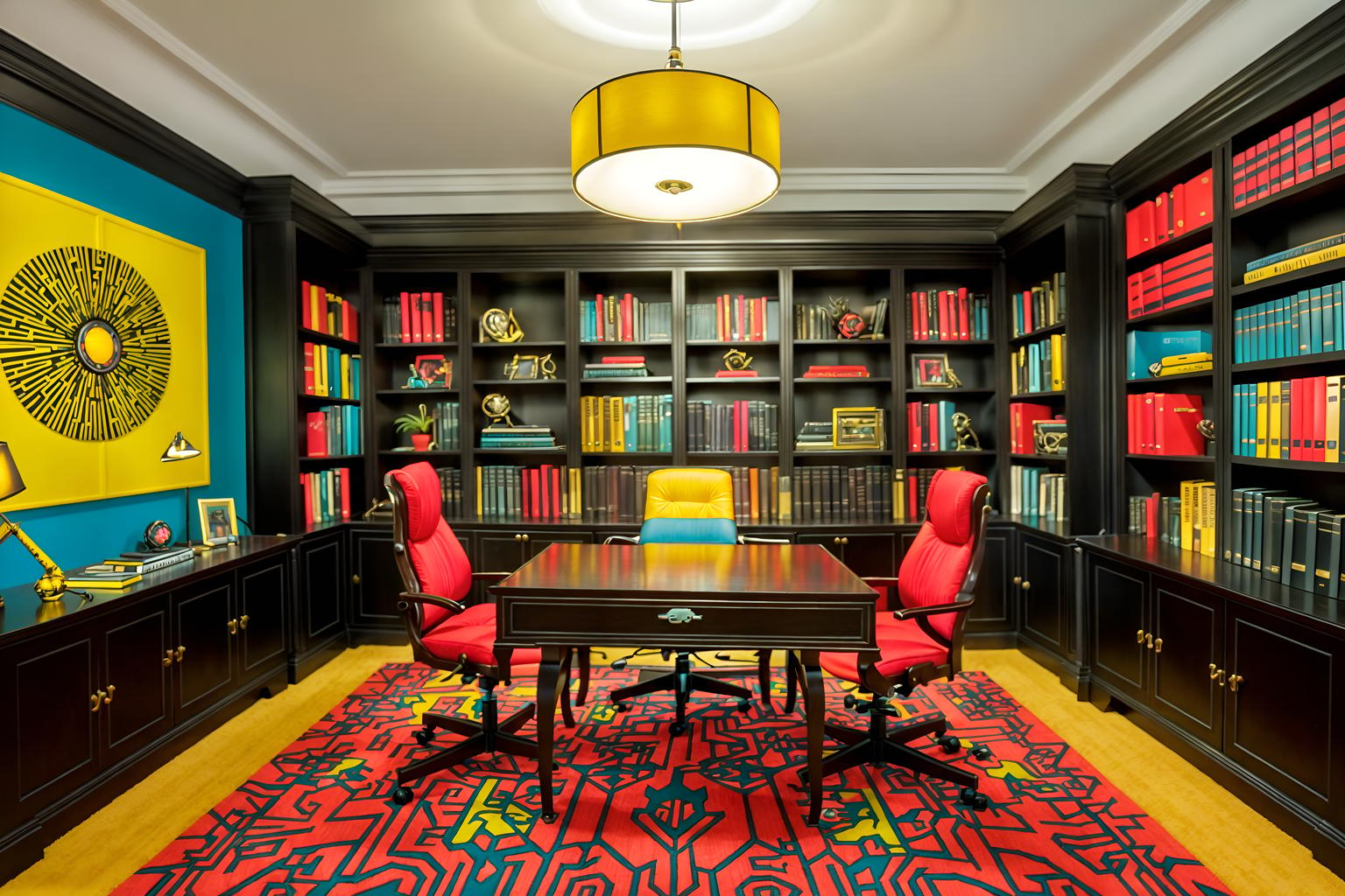 maximalist-style (study room interior) with desk lamp and bookshelves and cabinets and office chair and lounge chair and plant and writing desk and desk lamp. . with bold patterns and bold design and eye-catching and bold colors and vibrant and bold creativity and playful and more is more philosophy. . cinematic photo, highly detailed, cinematic lighting, ultra-detailed, ultrarealistic, photorealism, 8k. maximalist interior design style. masterpiece, cinematic light, ultrarealistic+, photorealistic+, 8k, raw photo, realistic, sharp focus on eyes, (symmetrical eyes), (intact eyes), hyperrealistic, highest quality, best quality, , highly detailed, masterpiece, best quality, extremely detailed 8k wallpaper, masterpiece, best quality, ultra-detailed, best shadow, detailed background, detailed face, detailed eyes, high contrast, best illumination, detailed face, dulux, caustic, dynamic angle, detailed glow. dramatic lighting. highly detailed, insanely detailed hair, symmetrical, intricate details, professionally retouched, 8k high definition. strong bokeh. award winning photo.