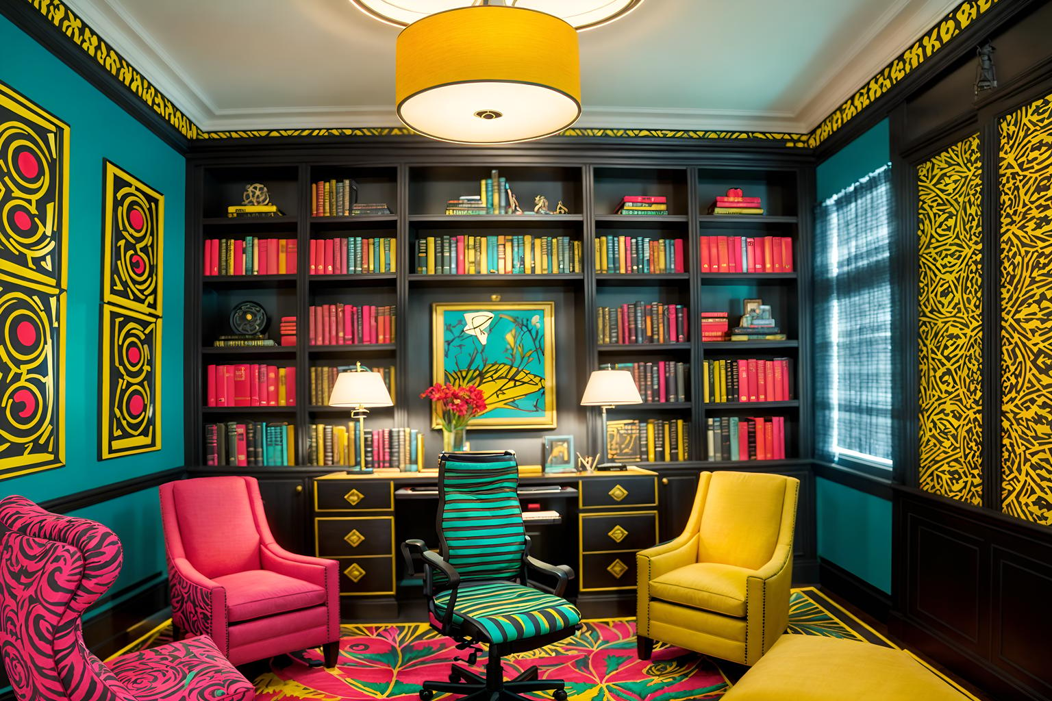 maximalist-style (study room interior) with desk lamp and bookshelves and cabinets and office chair and lounge chair and plant and writing desk and desk lamp. . with bold patterns and bold design and eye-catching and bold colors and vibrant and bold creativity and playful and more is more philosophy. . cinematic photo, highly detailed, cinematic lighting, ultra-detailed, ultrarealistic, photorealism, 8k. maximalist interior design style. masterpiece, cinematic light, ultrarealistic+, photorealistic+, 8k, raw photo, realistic, sharp focus on eyes, (symmetrical eyes), (intact eyes), hyperrealistic, highest quality, best quality, , highly detailed, masterpiece, best quality, extremely detailed 8k wallpaper, masterpiece, best quality, ultra-detailed, best shadow, detailed background, detailed face, detailed eyes, high contrast, best illumination, detailed face, dulux, caustic, dynamic angle, detailed glow. dramatic lighting. highly detailed, insanely detailed hair, symmetrical, intricate details, professionally retouched, 8k high definition. strong bokeh. award winning photo.