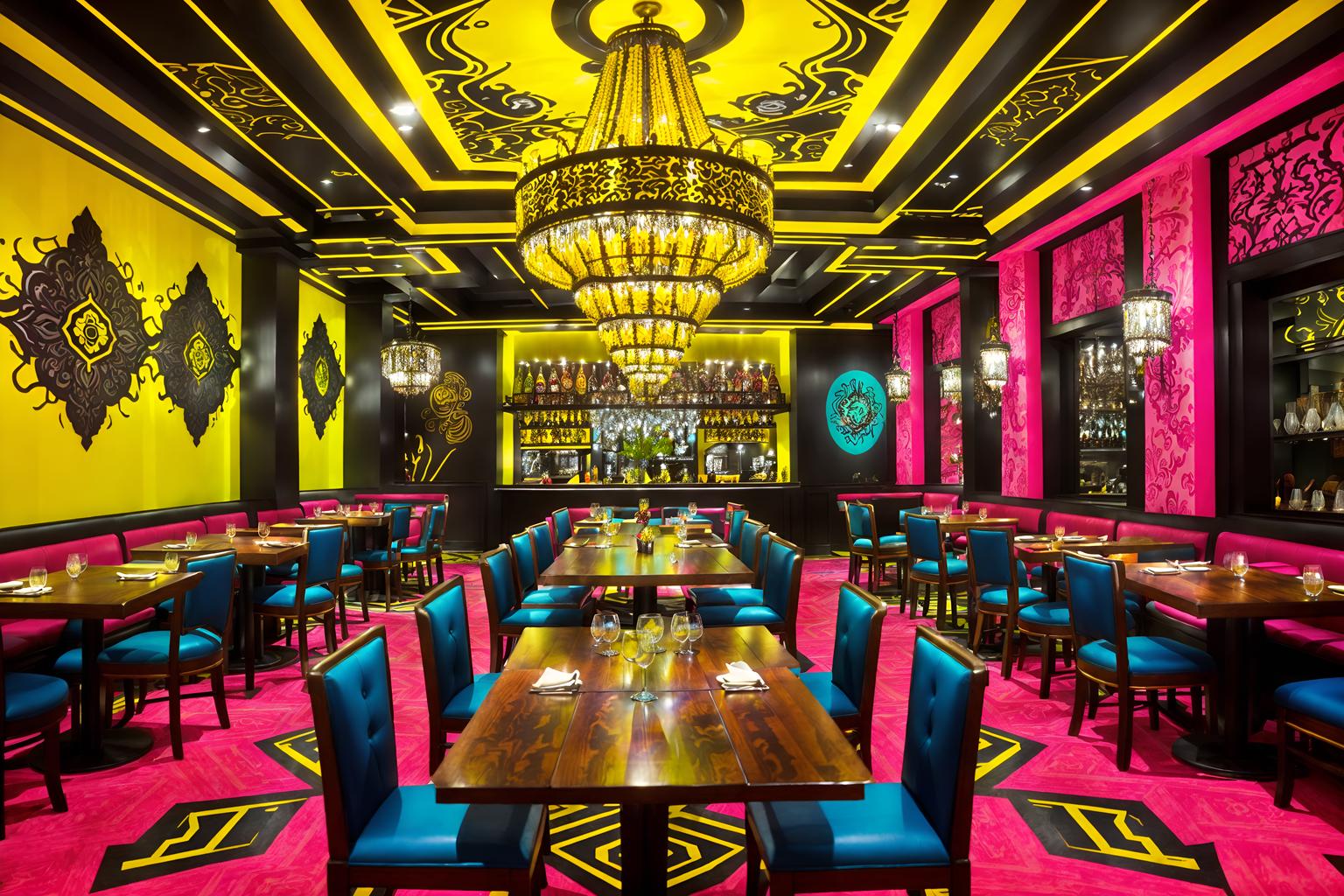 maximalist-style (restaurant interior) with restaurant decor and restaurant chairs and restaurant bar and restaurant dining tables and restaurant decor. . with eye-catching and more is more philosophy and bold creativity and bold colors and vibrant and bold patterns and bold design and over-the-top aesthetic. . cinematic photo, highly detailed, cinematic lighting, ultra-detailed, ultrarealistic, photorealism, 8k. maximalist interior design style. masterpiece, cinematic light, ultrarealistic+, photorealistic+, 8k, raw photo, realistic, sharp focus on eyes, (symmetrical eyes), (intact eyes), hyperrealistic, highest quality, best quality, , highly detailed, masterpiece, best quality, extremely detailed 8k wallpaper, masterpiece, best quality, ultra-detailed, best shadow, detailed background, detailed face, detailed eyes, high contrast, best illumination, detailed face, dulux, caustic, dynamic angle, detailed glow. dramatic lighting. highly detailed, insanely detailed hair, symmetrical, intricate details, professionally retouched, 8k high definition. strong bokeh. award winning photo.