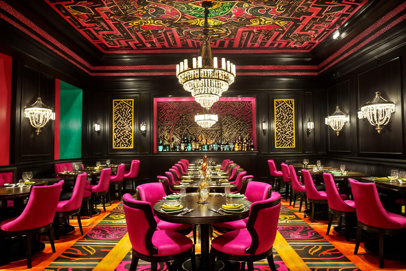 maximalist-style (restaurant interior) with restaurant decor and restaurant chairs and restaurant bar and restaurant dining tables and restaurant decor. . with eye-catching and more is more philosophy and bold creativity and bold colors and vibrant and bold patterns and bold design and over-the-top aesthetic. . cinematic photo, highly detailed, cinematic lighting, ultra-detailed, ultrarealistic, photorealism, 8k. maximalist interior design style. masterpiece, cinematic light, ultrarealistic+, photorealistic+, 8k, raw photo, realistic, sharp focus on eyes, (symmetrical eyes), (intact eyes), hyperrealistic, highest quality, best quality, , highly detailed, masterpiece, best quality, extremely detailed 8k wallpaper, masterpiece, best quality, ultra-detailed, best shadow, detailed background, detailed face, detailed eyes, high contrast, best illumination, detailed face, dulux, caustic, dynamic angle, detailed glow. dramatic lighting. highly detailed, insanely detailed hair, symmetrical, intricate details, professionally retouched, 8k high definition. strong bokeh. award winning photo.