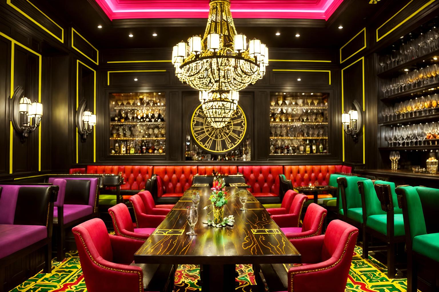 maximalist-style (restaurant interior) with restaurant decor and restaurant chairs and restaurant bar and restaurant dining tables and restaurant decor. . with eye-catching and more is more philosophy and bold creativity and bold colors and vibrant and bold patterns and bold design and over-the-top aesthetic. . cinematic photo, highly detailed, cinematic lighting, ultra-detailed, ultrarealistic, photorealism, 8k. maximalist interior design style. masterpiece, cinematic light, ultrarealistic+, photorealistic+, 8k, raw photo, realistic, sharp focus on eyes, (symmetrical eyes), (intact eyes), hyperrealistic, highest quality, best quality, , highly detailed, masterpiece, best quality, extremely detailed 8k wallpaper, masterpiece, best quality, ultra-detailed, best shadow, detailed background, detailed face, detailed eyes, high contrast, best illumination, detailed face, dulux, caustic, dynamic angle, detailed glow. dramatic lighting. highly detailed, insanely detailed hair, symmetrical, intricate details, professionally retouched, 8k high definition. strong bokeh. award winning photo.