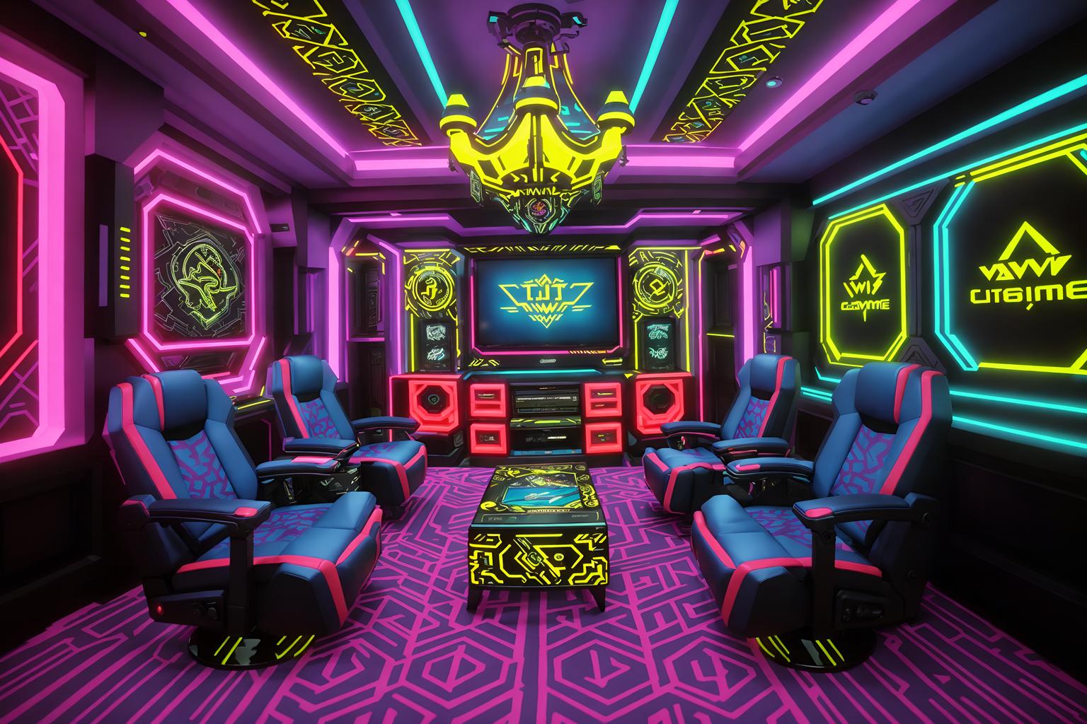 maximalist-style (gaming room interior) . with vibrant and more is more philosophy and bold creativity and bold colors and over-the-top aesthetic and eye-catching and bold design and bold patterns. . cinematic photo, highly detailed, cinematic lighting, ultra-detailed, ultrarealistic, photorealism, 8k. maximalist interior design style. masterpiece, cinematic light, ultrarealistic+, photorealistic+, 8k, raw photo, realistic, sharp focus on eyes, (symmetrical eyes), (intact eyes), hyperrealistic, highest quality, best quality, , highly detailed, masterpiece, best quality, extremely detailed 8k wallpaper, masterpiece, best quality, ultra-detailed, best shadow, detailed background, detailed face, detailed eyes, high contrast, best illumination, detailed face, dulux, caustic, dynamic angle, detailed glow. dramatic lighting. highly detailed, insanely detailed hair, symmetrical, intricate details, professionally retouched, 8k high definition. strong bokeh. award winning photo.