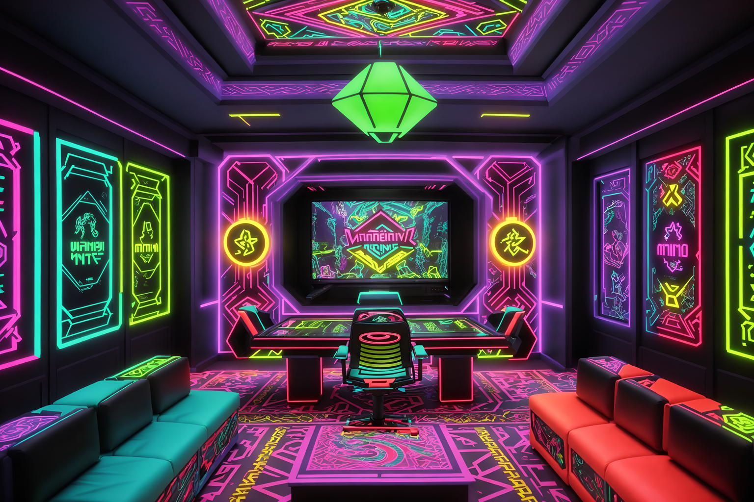 maximalist-style (gaming room interior) . with vibrant and more is more philosophy and bold creativity and bold colors and over-the-top aesthetic and eye-catching and bold design and bold patterns. . cinematic photo, highly detailed, cinematic lighting, ultra-detailed, ultrarealistic, photorealism, 8k. maximalist interior design style. masterpiece, cinematic light, ultrarealistic+, photorealistic+, 8k, raw photo, realistic, sharp focus on eyes, (symmetrical eyes), (intact eyes), hyperrealistic, highest quality, best quality, , highly detailed, masterpiece, best quality, extremely detailed 8k wallpaper, masterpiece, best quality, ultra-detailed, best shadow, detailed background, detailed face, detailed eyes, high contrast, best illumination, detailed face, dulux, caustic, dynamic angle, detailed glow. dramatic lighting. highly detailed, insanely detailed hair, symmetrical, intricate details, professionally retouched, 8k high definition. strong bokeh. award winning photo.