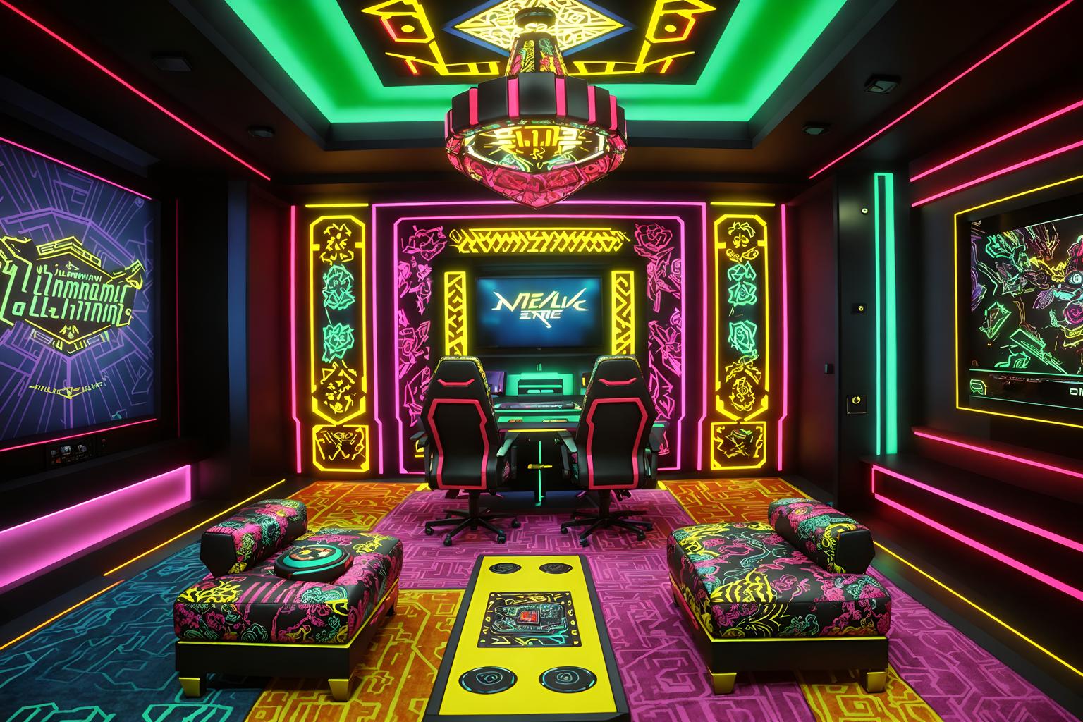 maximalist-style (gaming room interior) . with vibrant and more is more philosophy and bold creativity and bold colors and over-the-top aesthetic and eye-catching and bold design and bold patterns. . cinematic photo, highly detailed, cinematic lighting, ultra-detailed, ultrarealistic, photorealism, 8k. maximalist interior design style. masterpiece, cinematic light, ultrarealistic+, photorealistic+, 8k, raw photo, realistic, sharp focus on eyes, (symmetrical eyes), (intact eyes), hyperrealistic, highest quality, best quality, , highly detailed, masterpiece, best quality, extremely detailed 8k wallpaper, masterpiece, best quality, ultra-detailed, best shadow, detailed background, detailed face, detailed eyes, high contrast, best illumination, detailed face, dulux, caustic, dynamic angle, detailed glow. dramatic lighting. highly detailed, insanely detailed hair, symmetrical, intricate details, professionally retouched, 8k high definition. strong bokeh. award winning photo.