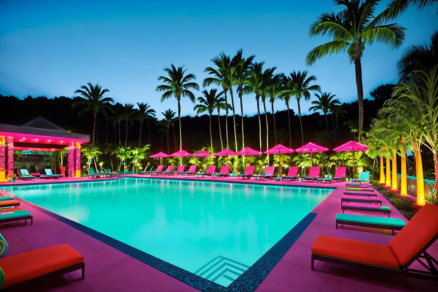 maximalist-style designed (outdoor pool area ) with pool lounge chairs and pool and pool lights and pool lounge chairs. . with playful and vibrant and bold colors and eye-catching and more is more philosophy and over-the-top aesthetic and bold design and bold patterns. . cinematic photo, highly detailed, cinematic lighting, ultra-detailed, ultrarealistic, photorealism, 8k. maximalist design style. masterpiece, cinematic light, ultrarealistic+, photorealistic+, 8k, raw photo, realistic, sharp focus on eyes, (symmetrical eyes), (intact eyes), hyperrealistic, highest quality, best quality, , highly detailed, masterpiece, best quality, extremely detailed 8k wallpaper, masterpiece, best quality, ultra-detailed, best shadow, detailed background, detailed face, detailed eyes, high contrast, best illumination, detailed face, dulux, caustic, dynamic angle, detailed glow. dramatic lighting. highly detailed, insanely detailed hair, symmetrical, intricate details, professionally retouched, 8k high definition. strong bokeh. award winning photo.