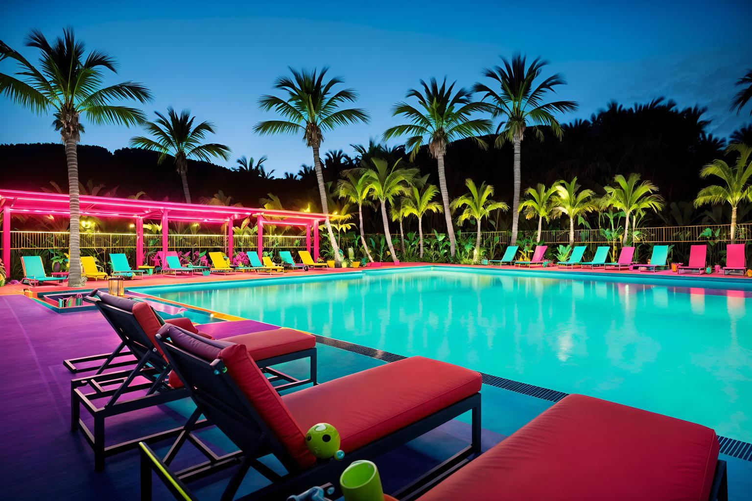 maximalist-style designed (outdoor pool area ) with pool lounge chairs and pool and pool lights and pool lounge chairs. . with playful and vibrant and bold colors and eye-catching and more is more philosophy and over-the-top aesthetic and bold design and bold patterns. . cinematic photo, highly detailed, cinematic lighting, ultra-detailed, ultrarealistic, photorealism, 8k. maximalist design style. masterpiece, cinematic light, ultrarealistic+, photorealistic+, 8k, raw photo, realistic, sharp focus on eyes, (symmetrical eyes), (intact eyes), hyperrealistic, highest quality, best quality, , highly detailed, masterpiece, best quality, extremely detailed 8k wallpaper, masterpiece, best quality, ultra-detailed, best shadow, detailed background, detailed face, detailed eyes, high contrast, best illumination, detailed face, dulux, caustic, dynamic angle, detailed glow. dramatic lighting. highly detailed, insanely detailed hair, symmetrical, intricate details, professionally retouched, 8k high definition. strong bokeh. award winning photo.