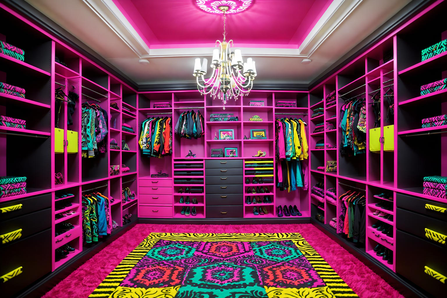 maximalist-style (walk in closet interior) . with bold patterns and bold colors and bold creativity and eye-catching and playful and vibrant and more is more philosophy and bold design. . cinematic photo, highly detailed, cinematic lighting, ultra-detailed, ultrarealistic, photorealism, 8k. maximalist interior design style. masterpiece, cinematic light, ultrarealistic+, photorealistic+, 8k, raw photo, realistic, sharp focus on eyes, (symmetrical eyes), (intact eyes), hyperrealistic, highest quality, best quality, , highly detailed, masterpiece, best quality, extremely detailed 8k wallpaper, masterpiece, best quality, ultra-detailed, best shadow, detailed background, detailed face, detailed eyes, high contrast, best illumination, detailed face, dulux, caustic, dynamic angle, detailed glow. dramatic lighting. highly detailed, insanely detailed hair, symmetrical, intricate details, professionally retouched, 8k high definition. strong bokeh. award winning photo.