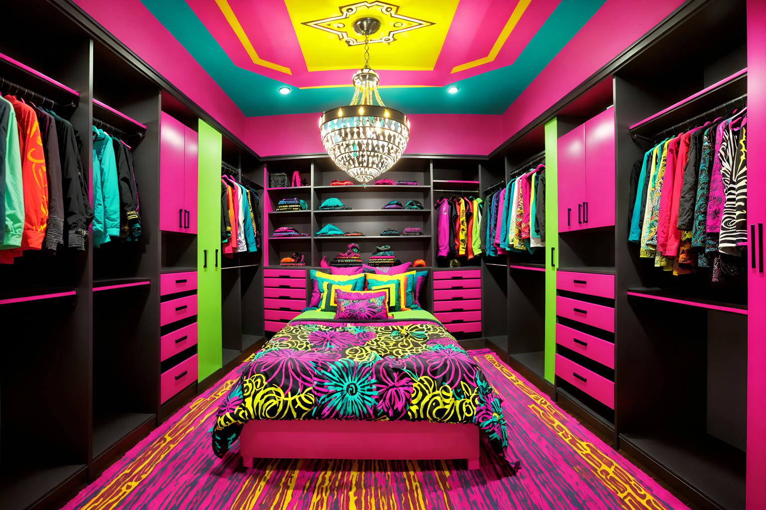 maximalist-style (walk in closet interior) . with bold patterns and bold colors and bold creativity and eye-catching and playful and vibrant and more is more philosophy and bold design. . cinematic photo, highly detailed, cinematic lighting, ultra-detailed, ultrarealistic, photorealism, 8k. maximalist interior design style. masterpiece, cinematic light, ultrarealistic+, photorealistic+, 8k, raw photo, realistic, sharp focus on eyes, (symmetrical eyes), (intact eyes), hyperrealistic, highest quality, best quality, , highly detailed, masterpiece, best quality, extremely detailed 8k wallpaper, masterpiece, best quality, ultra-detailed, best shadow, detailed background, detailed face, detailed eyes, high contrast, best illumination, detailed face, dulux, caustic, dynamic angle, detailed glow. dramatic lighting. highly detailed, insanely detailed hair, symmetrical, intricate details, professionally retouched, 8k high definition. strong bokeh. award winning photo.
