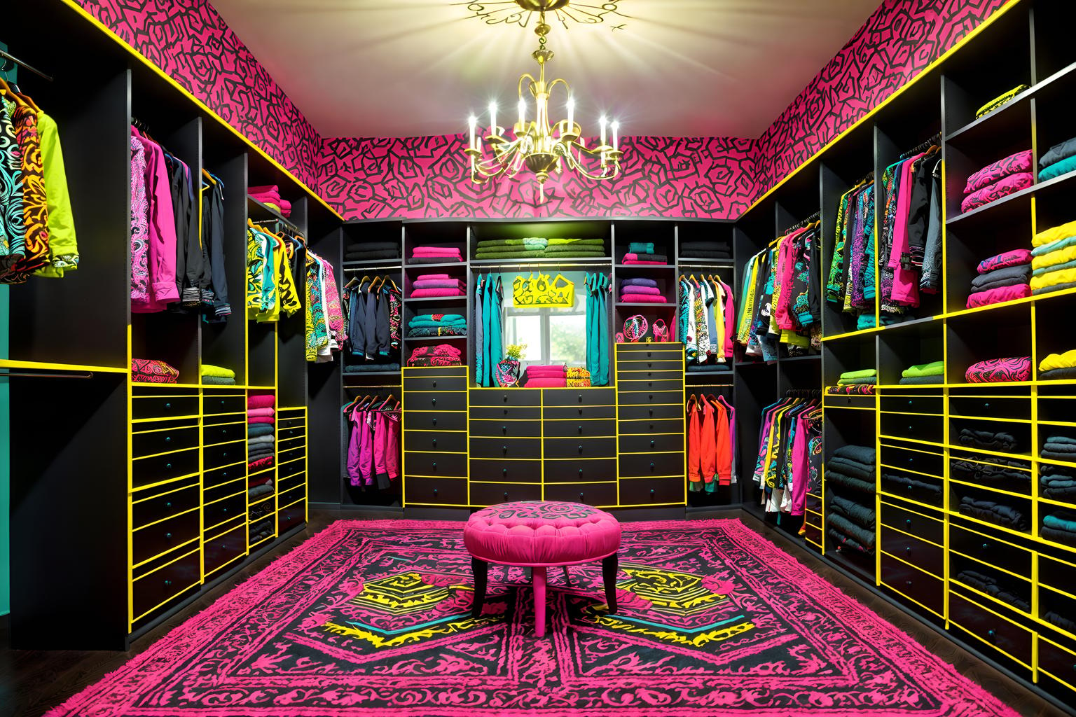 maximalist-style (walk in closet interior) . with bold patterns and bold colors and bold creativity and eye-catching and playful and vibrant and more is more philosophy and bold design. . cinematic photo, highly detailed, cinematic lighting, ultra-detailed, ultrarealistic, photorealism, 8k. maximalist interior design style. masterpiece, cinematic light, ultrarealistic+, photorealistic+, 8k, raw photo, realistic, sharp focus on eyes, (symmetrical eyes), (intact eyes), hyperrealistic, highest quality, best quality, , highly detailed, masterpiece, best quality, extremely detailed 8k wallpaper, masterpiece, best quality, ultra-detailed, best shadow, detailed background, detailed face, detailed eyes, high contrast, best illumination, detailed face, dulux, caustic, dynamic angle, detailed glow. dramatic lighting. highly detailed, insanely detailed hair, symmetrical, intricate details, professionally retouched, 8k high definition. strong bokeh. award winning photo.