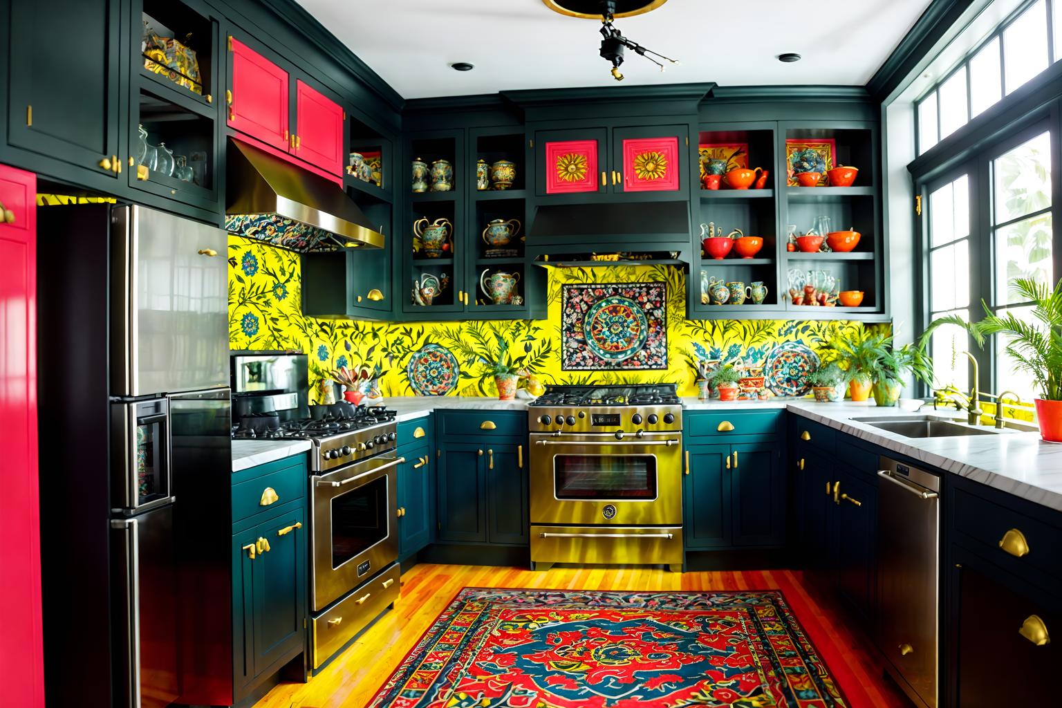 maximalist-style (kitchen living combo interior) with worktops and rug and plant and bookshelves and stove and kitchen cabinets and furniture and refrigerator. . with bold colors and over-the-top aesthetic and bold creativity and vibrant and playful and bold patterns and eye-catching and more is more philosophy. . cinematic photo, highly detailed, cinematic lighting, ultra-detailed, ultrarealistic, photorealism, 8k. maximalist interior design style. masterpiece, cinematic light, ultrarealistic+, photorealistic+, 8k, raw photo, realistic, sharp focus on eyes, (symmetrical eyes), (intact eyes), hyperrealistic, highest quality, best quality, , highly detailed, masterpiece, best quality, extremely detailed 8k wallpaper, masterpiece, best quality, ultra-detailed, best shadow, detailed background, detailed face, detailed eyes, high contrast, best illumination, detailed face, dulux, caustic, dynamic angle, detailed glow. dramatic lighting. highly detailed, insanely detailed hair, symmetrical, intricate details, professionally retouched, 8k high definition. strong bokeh. award winning photo.