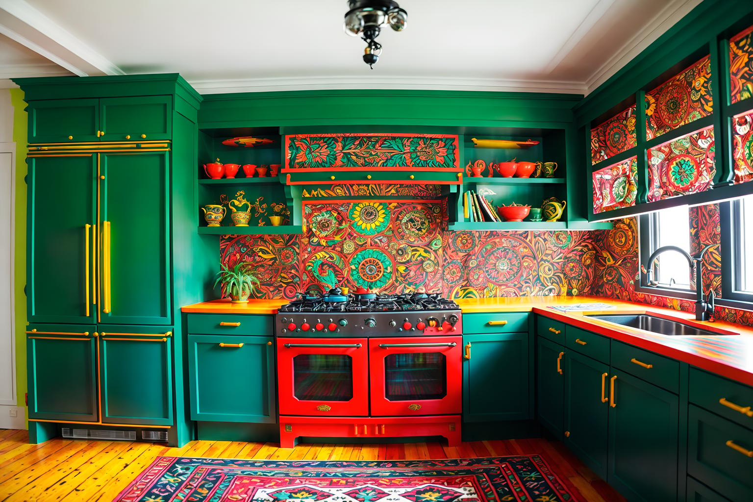 maximalist-style (kitchen living combo interior) with worktops and rug and plant and bookshelves and stove and kitchen cabinets and furniture and refrigerator. . with bold colors and over-the-top aesthetic and bold creativity and vibrant and playful and bold patterns and eye-catching and more is more philosophy. . cinematic photo, highly detailed, cinematic lighting, ultra-detailed, ultrarealistic, photorealism, 8k. maximalist interior design style. masterpiece, cinematic light, ultrarealistic+, photorealistic+, 8k, raw photo, realistic, sharp focus on eyes, (symmetrical eyes), (intact eyes), hyperrealistic, highest quality, best quality, , highly detailed, masterpiece, best quality, extremely detailed 8k wallpaper, masterpiece, best quality, ultra-detailed, best shadow, detailed background, detailed face, detailed eyes, high contrast, best illumination, detailed face, dulux, caustic, dynamic angle, detailed glow. dramatic lighting. highly detailed, insanely detailed hair, symmetrical, intricate details, professionally retouched, 8k high definition. strong bokeh. award winning photo.