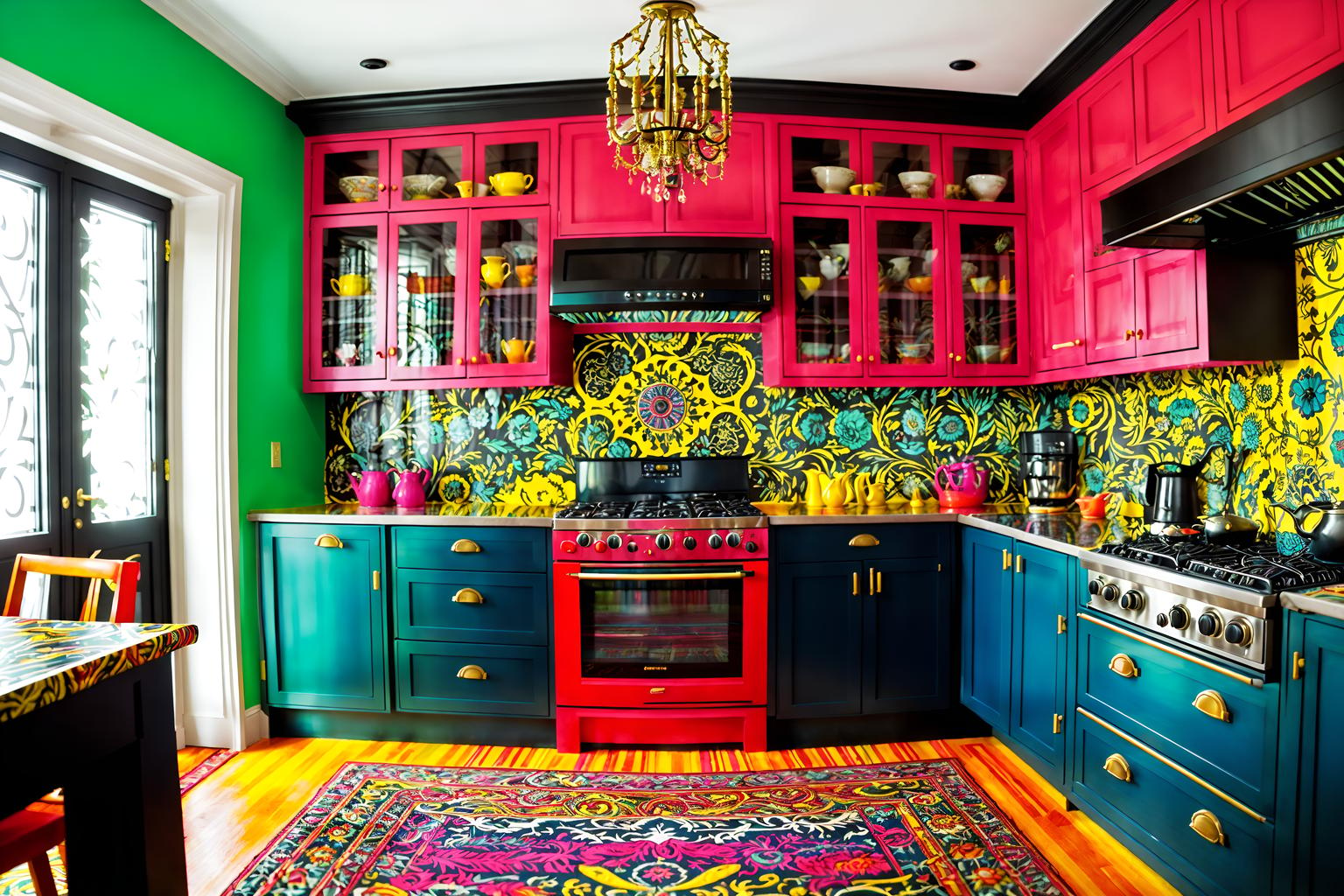 maximalist-style (kitchen living combo interior) with worktops and rug and plant and bookshelves and stove and kitchen cabinets and furniture and refrigerator. . with bold colors and over-the-top aesthetic and bold creativity and vibrant and playful and bold patterns and eye-catching and more is more philosophy. . cinematic photo, highly detailed, cinematic lighting, ultra-detailed, ultrarealistic, photorealism, 8k. maximalist interior design style. masterpiece, cinematic light, ultrarealistic+, photorealistic+, 8k, raw photo, realistic, sharp focus on eyes, (symmetrical eyes), (intact eyes), hyperrealistic, highest quality, best quality, , highly detailed, masterpiece, best quality, extremely detailed 8k wallpaper, masterpiece, best quality, ultra-detailed, best shadow, detailed background, detailed face, detailed eyes, high contrast, best illumination, detailed face, dulux, caustic, dynamic angle, detailed glow. dramatic lighting. highly detailed, insanely detailed hair, symmetrical, intricate details, professionally retouched, 8k high definition. strong bokeh. award winning photo.