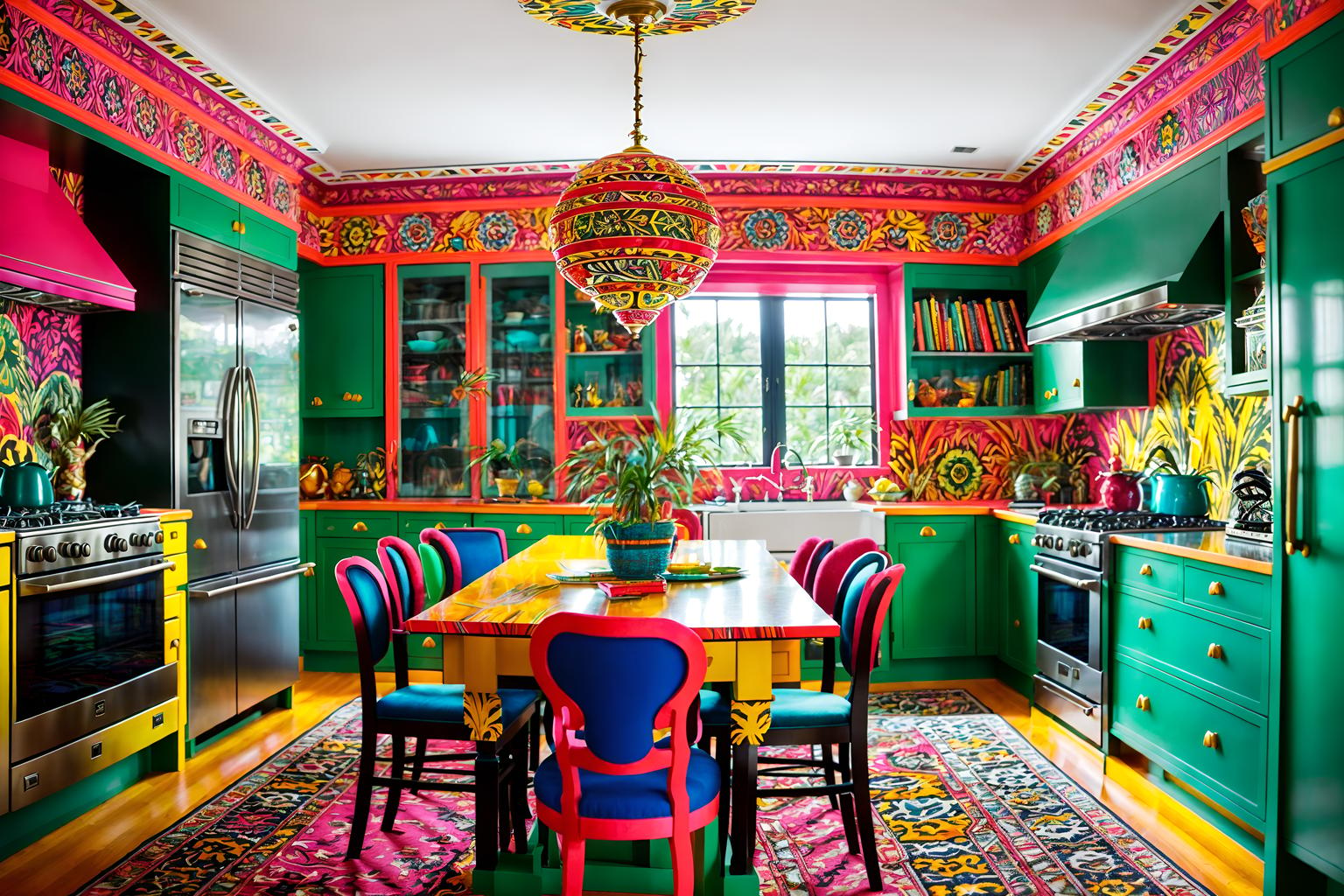 maximalist-style (kitchen living combo interior) with worktops and rug and plant and bookshelves and stove and kitchen cabinets and furniture and refrigerator. . with bold colors and over-the-top aesthetic and bold creativity and vibrant and playful and bold patterns and eye-catching and more is more philosophy. . cinematic photo, highly detailed, cinematic lighting, ultra-detailed, ultrarealistic, photorealism, 8k. maximalist interior design style. masterpiece, cinematic light, ultrarealistic+, photorealistic+, 8k, raw photo, realistic, sharp focus on eyes, (symmetrical eyes), (intact eyes), hyperrealistic, highest quality, best quality, , highly detailed, masterpiece, best quality, extremely detailed 8k wallpaper, masterpiece, best quality, ultra-detailed, best shadow, detailed background, detailed face, detailed eyes, high contrast, best illumination, detailed face, dulux, caustic, dynamic angle, detailed glow. dramatic lighting. highly detailed, insanely detailed hair, symmetrical, intricate details, professionally retouched, 8k high definition. strong bokeh. award winning photo.