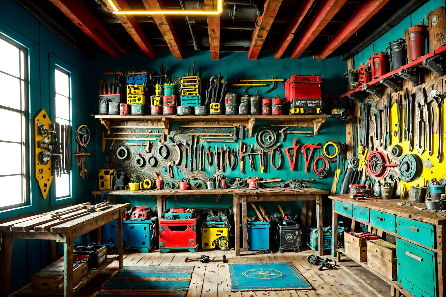 maximalist-style (workshop interior) with tool wall and wooden workbench and messy and tool wall. . with bold creativity and bold colors and playful and eye-catching and bold patterns and bold design and more is more philosophy and vibrant. . cinematic photo, highly detailed, cinematic lighting, ultra-detailed, ultrarealistic, photorealism, 8k. maximalist interior design style. masterpiece, cinematic light, ultrarealistic+, photorealistic+, 8k, raw photo, realistic, sharp focus on eyes, (symmetrical eyes), (intact eyes), hyperrealistic, highest quality, best quality, , highly detailed, masterpiece, best quality, extremely detailed 8k wallpaper, masterpiece, best quality, ultra-detailed, best shadow, detailed background, detailed face, detailed eyes, high contrast, best illumination, detailed face, dulux, caustic, dynamic angle, detailed glow. dramatic lighting. highly detailed, insanely detailed hair, symmetrical, intricate details, professionally retouched, 8k high definition. strong bokeh. award winning photo.