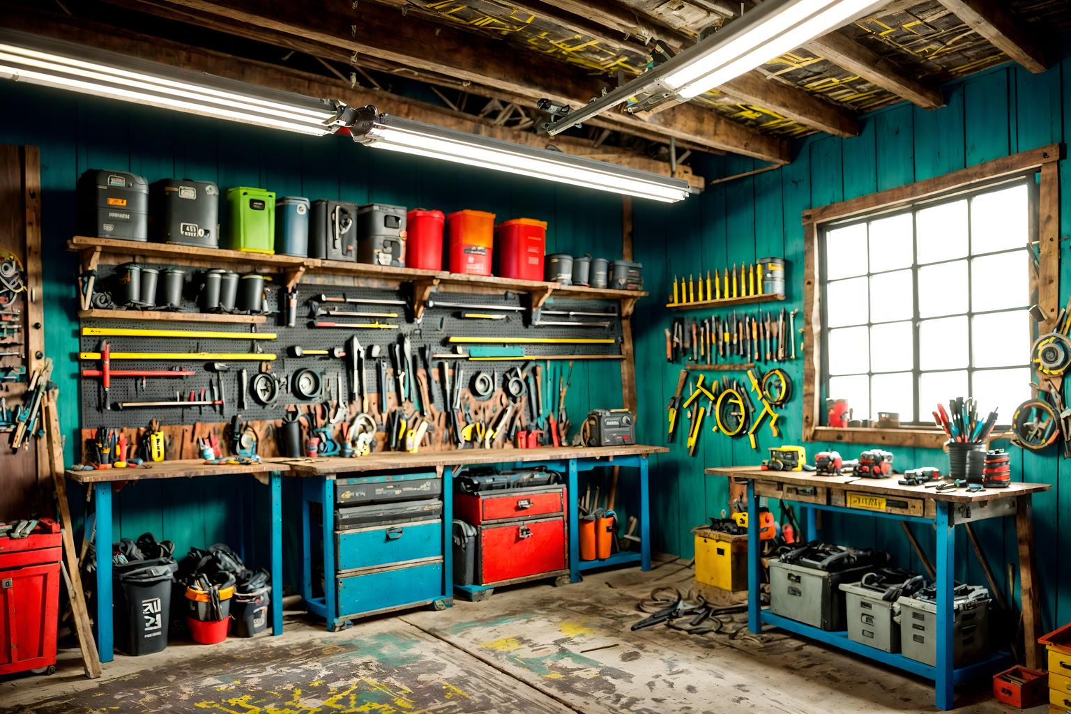 maximalist-style (workshop interior) with tool wall and wooden workbench and messy and tool wall. . with bold creativity and bold colors and playful and eye-catching and bold patterns and bold design and more is more philosophy and vibrant. . cinematic photo, highly detailed, cinematic lighting, ultra-detailed, ultrarealistic, photorealism, 8k. maximalist interior design style. masterpiece, cinematic light, ultrarealistic+, photorealistic+, 8k, raw photo, realistic, sharp focus on eyes, (symmetrical eyes), (intact eyes), hyperrealistic, highest quality, best quality, , highly detailed, masterpiece, best quality, extremely detailed 8k wallpaper, masterpiece, best quality, ultra-detailed, best shadow, detailed background, detailed face, detailed eyes, high contrast, best illumination, detailed face, dulux, caustic, dynamic angle, detailed glow. dramatic lighting. highly detailed, insanely detailed hair, symmetrical, intricate details, professionally retouched, 8k high definition. strong bokeh. award winning photo.