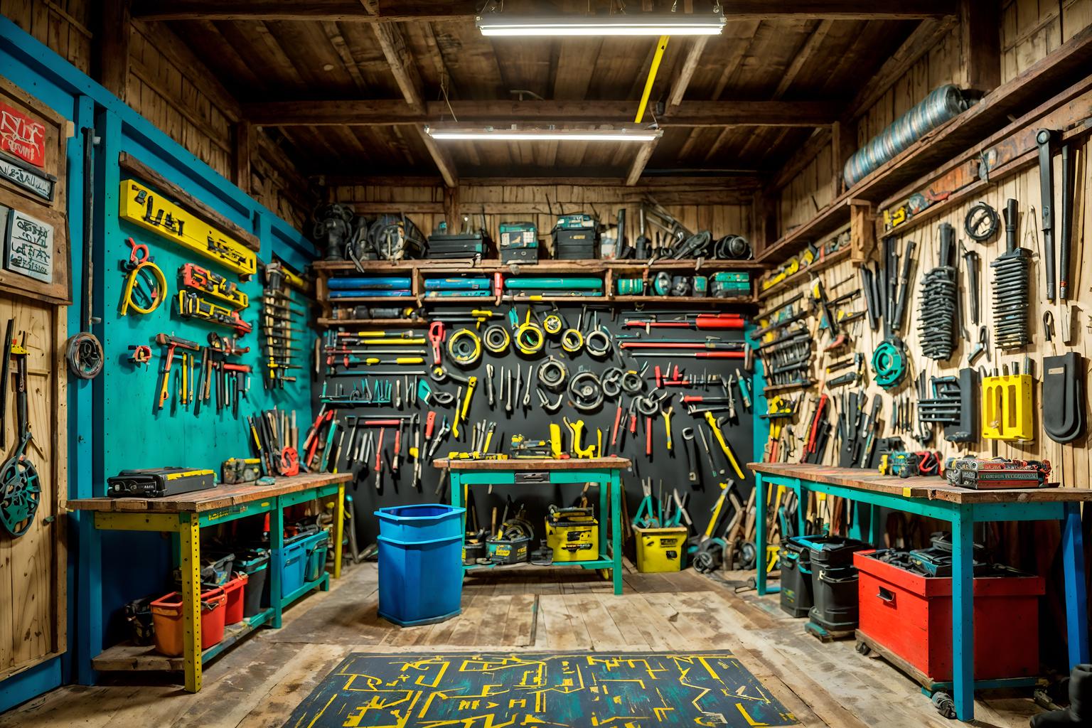 maximalist-style (workshop interior) with tool wall and wooden workbench and messy and tool wall. . with bold creativity and bold colors and playful and eye-catching and bold patterns and bold design and more is more philosophy and vibrant. . cinematic photo, highly detailed, cinematic lighting, ultra-detailed, ultrarealistic, photorealism, 8k. maximalist interior design style. masterpiece, cinematic light, ultrarealistic+, photorealistic+, 8k, raw photo, realistic, sharp focus on eyes, (symmetrical eyes), (intact eyes), hyperrealistic, highest quality, best quality, , highly detailed, masterpiece, best quality, extremely detailed 8k wallpaper, masterpiece, best quality, ultra-detailed, best shadow, detailed background, detailed face, detailed eyes, high contrast, best illumination, detailed face, dulux, caustic, dynamic angle, detailed glow. dramatic lighting. highly detailed, insanely detailed hair, symmetrical, intricate details, professionally retouched, 8k high definition. strong bokeh. award winning photo.