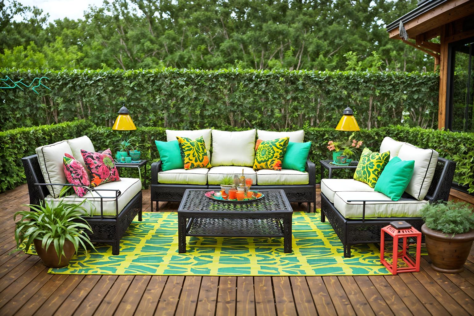 maximalist-style designed (outdoor patio ) with patio couch with pillows and deck with deck chairs and barbeque or grill and plant and grass and patio couch with pillows. . with playful and bold creativity and bold design and more is more philosophy and bold colors and over-the-top aesthetic and vibrant and eye-catching. . cinematic photo, highly detailed, cinematic lighting, ultra-detailed, ultrarealistic, photorealism, 8k. maximalist design style. masterpiece, cinematic light, ultrarealistic+, photorealistic+, 8k, raw photo, realistic, sharp focus on eyes, (symmetrical eyes), (intact eyes), hyperrealistic, highest quality, best quality, , highly detailed, masterpiece, best quality, extremely detailed 8k wallpaper, masterpiece, best quality, ultra-detailed, best shadow, detailed background, detailed face, detailed eyes, high contrast, best illumination, detailed face, dulux, caustic, dynamic angle, detailed glow. dramatic lighting. highly detailed, insanely detailed hair, symmetrical, intricate details, professionally retouched, 8k high definition. strong bokeh. award winning photo.