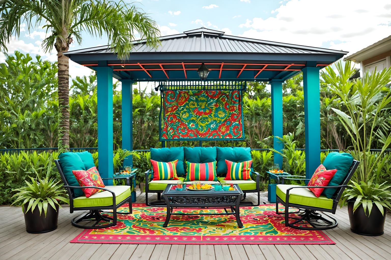 maximalist-style designed (outdoor patio ) with patio couch with pillows and deck with deck chairs and barbeque or grill and plant and grass and patio couch with pillows. . with playful and bold creativity and bold design and more is more philosophy and bold colors and over-the-top aesthetic and vibrant and eye-catching. . cinematic photo, highly detailed, cinematic lighting, ultra-detailed, ultrarealistic, photorealism, 8k. maximalist design style. masterpiece, cinematic light, ultrarealistic+, photorealistic+, 8k, raw photo, realistic, sharp focus on eyes, (symmetrical eyes), (intact eyes), hyperrealistic, highest quality, best quality, , highly detailed, masterpiece, best quality, extremely detailed 8k wallpaper, masterpiece, best quality, ultra-detailed, best shadow, detailed background, detailed face, detailed eyes, high contrast, best illumination, detailed face, dulux, caustic, dynamic angle, detailed glow. dramatic lighting. highly detailed, insanely detailed hair, symmetrical, intricate details, professionally retouched, 8k high definition. strong bokeh. award winning photo.