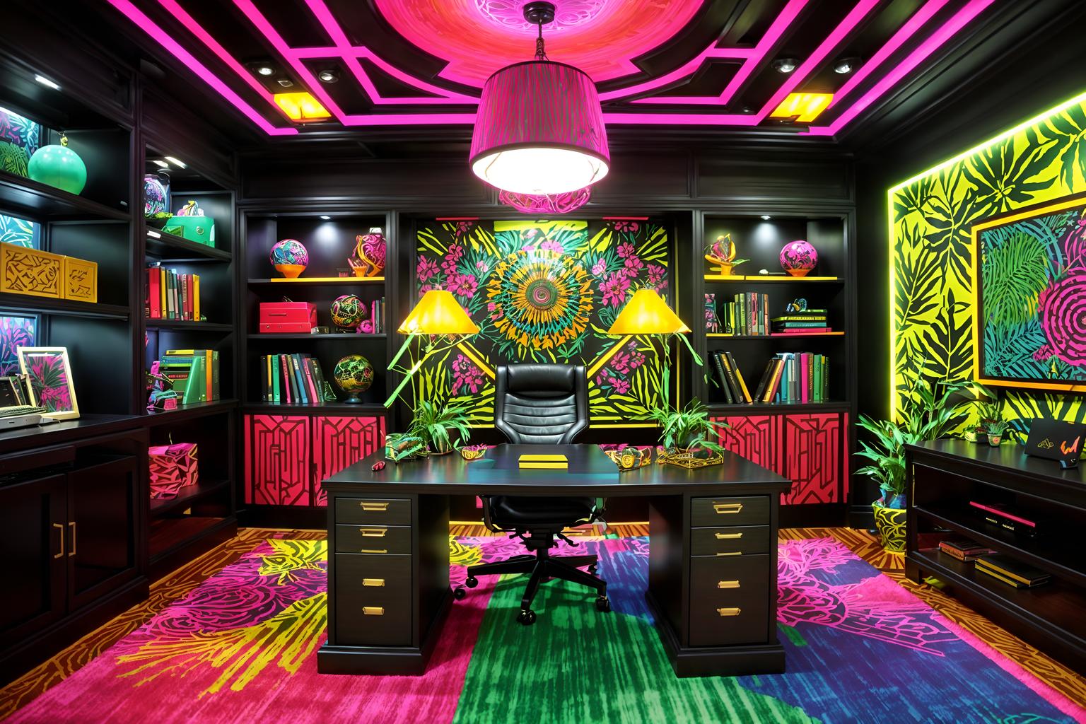 maximalist-style (home office interior) with plant and computer desk and office chair and cabinets and desk lamp and plant. . with over-the-top aesthetic and more is more philosophy and playful and bold creativity and eye-catching and bold patterns and bold colors and vibrant. . cinematic photo, highly detailed, cinematic lighting, ultra-detailed, ultrarealistic, photorealism, 8k. maximalist interior design style. masterpiece, cinematic light, ultrarealistic+, photorealistic+, 8k, raw photo, realistic, sharp focus on eyes, (symmetrical eyes), (intact eyes), hyperrealistic, highest quality, best quality, , highly detailed, masterpiece, best quality, extremely detailed 8k wallpaper, masterpiece, best quality, ultra-detailed, best shadow, detailed background, detailed face, detailed eyes, high contrast, best illumination, detailed face, dulux, caustic, dynamic angle, detailed glow. dramatic lighting. highly detailed, insanely detailed hair, symmetrical, intricate details, professionally retouched, 8k high definition. strong bokeh. award winning photo.