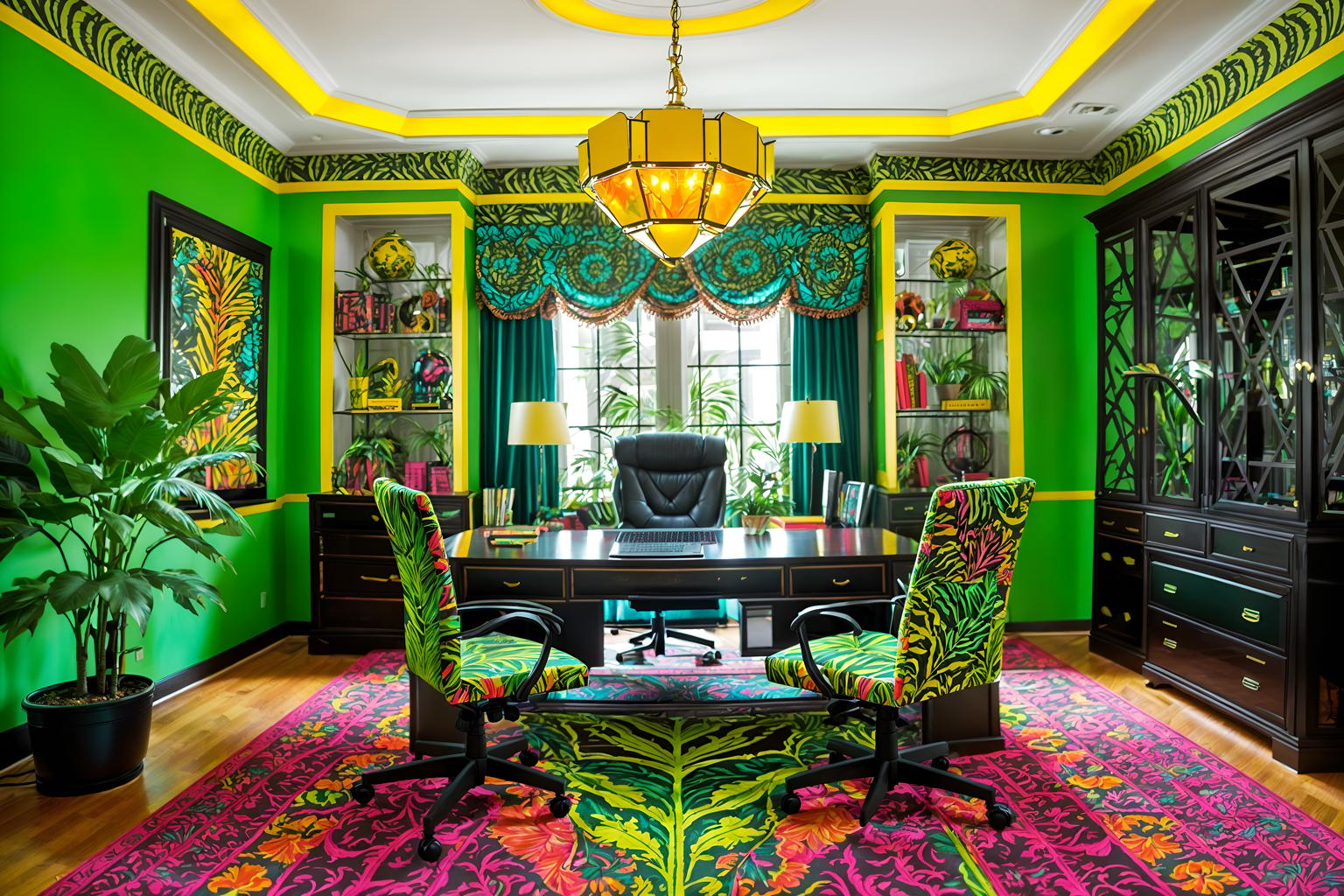 maximalist-style (home office interior) with plant and computer desk and office chair and cabinets and desk lamp and plant. . with over-the-top aesthetic and more is more philosophy and playful and bold creativity and eye-catching and bold patterns and bold colors and vibrant. . cinematic photo, highly detailed, cinematic lighting, ultra-detailed, ultrarealistic, photorealism, 8k. maximalist interior design style. masterpiece, cinematic light, ultrarealistic+, photorealistic+, 8k, raw photo, realistic, sharp focus on eyes, (symmetrical eyes), (intact eyes), hyperrealistic, highest quality, best quality, , highly detailed, masterpiece, best quality, extremely detailed 8k wallpaper, masterpiece, best quality, ultra-detailed, best shadow, detailed background, detailed face, detailed eyes, high contrast, best illumination, detailed face, dulux, caustic, dynamic angle, detailed glow. dramatic lighting. highly detailed, insanely detailed hair, symmetrical, intricate details, professionally retouched, 8k high definition. strong bokeh. award winning photo.