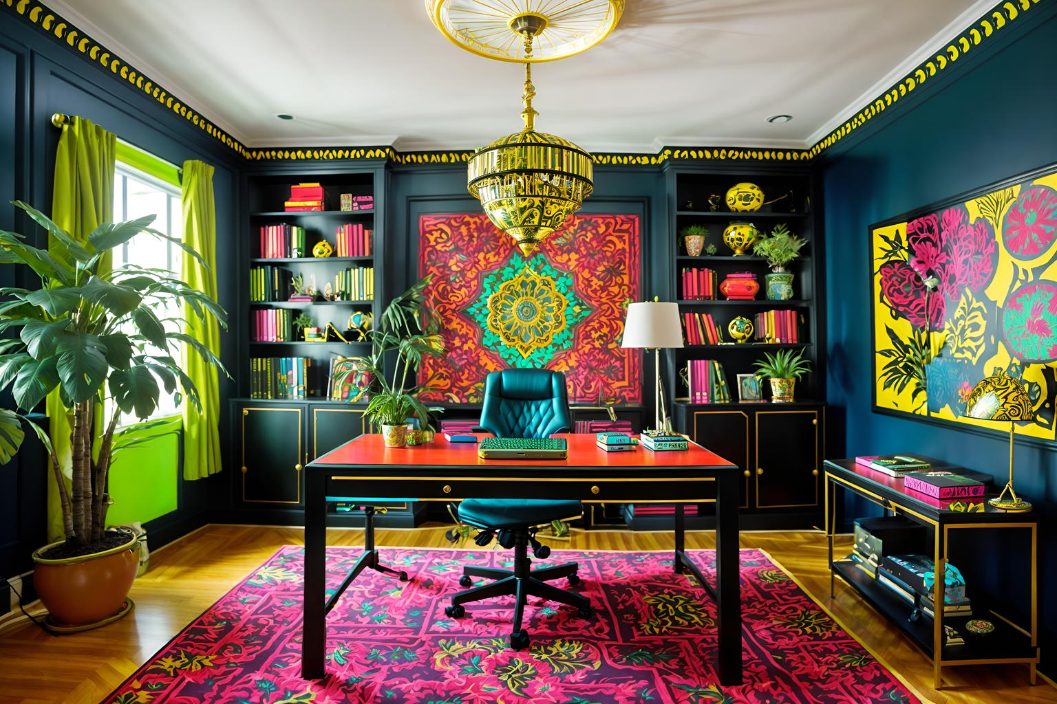 maximalist-style (home office interior) with plant and computer desk and office chair and cabinets and desk lamp and plant. . with over-the-top aesthetic and more is more philosophy and playful and bold creativity and eye-catching and bold patterns and bold colors and vibrant. . cinematic photo, highly detailed, cinematic lighting, ultra-detailed, ultrarealistic, photorealism, 8k. maximalist interior design style. masterpiece, cinematic light, ultrarealistic+, photorealistic+, 8k, raw photo, realistic, sharp focus on eyes, (symmetrical eyes), (intact eyes), hyperrealistic, highest quality, best quality, , highly detailed, masterpiece, best quality, extremely detailed 8k wallpaper, masterpiece, best quality, ultra-detailed, best shadow, detailed background, detailed face, detailed eyes, high contrast, best illumination, detailed face, dulux, caustic, dynamic angle, detailed glow. dramatic lighting. highly detailed, insanely detailed hair, symmetrical, intricate details, professionally retouched, 8k high definition. strong bokeh. award winning photo.