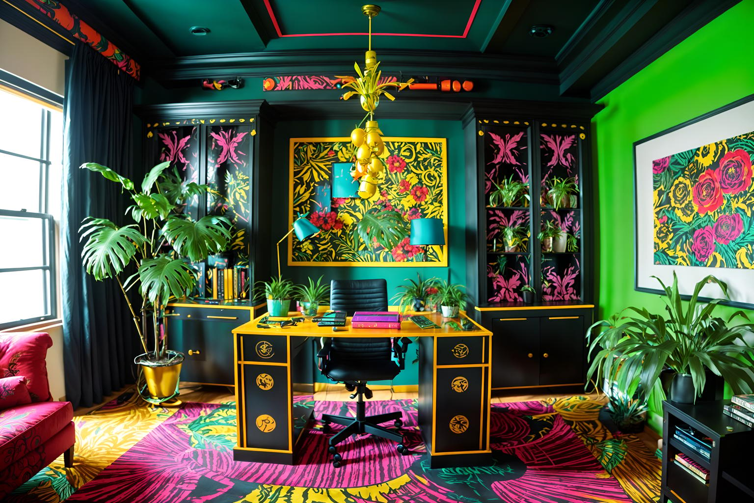 maximalist-style (home office interior) with plant and computer desk and office chair and cabinets and desk lamp and plant. . with over-the-top aesthetic and more is more philosophy and playful and bold creativity and eye-catching and bold patterns and bold colors and vibrant. . cinematic photo, highly detailed, cinematic lighting, ultra-detailed, ultrarealistic, photorealism, 8k. maximalist interior design style. masterpiece, cinematic light, ultrarealistic+, photorealistic+, 8k, raw photo, realistic, sharp focus on eyes, (symmetrical eyes), (intact eyes), hyperrealistic, highest quality, best quality, , highly detailed, masterpiece, best quality, extremely detailed 8k wallpaper, masterpiece, best quality, ultra-detailed, best shadow, detailed background, detailed face, detailed eyes, high contrast, best illumination, detailed face, dulux, caustic, dynamic angle, detailed glow. dramatic lighting. highly detailed, insanely detailed hair, symmetrical, intricate details, professionally retouched, 8k high definition. strong bokeh. award winning photo.