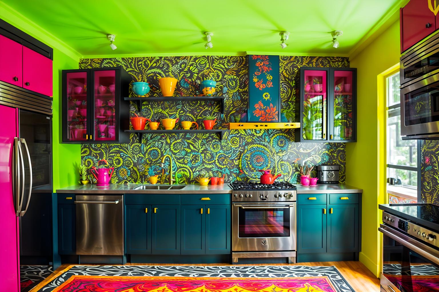 maximalist-style (kitchen interior) with plant and stove and refrigerator and worktops and sink and kitchen cabinets and plant. . with bold design and more is more philosophy and vibrant and eye-catching and bold patterns and over-the-top aesthetic and bold colors and playful. . cinematic photo, highly detailed, cinematic lighting, ultra-detailed, ultrarealistic, photorealism, 8k. maximalist interior design style. masterpiece, cinematic light, ultrarealistic+, photorealistic+, 8k, raw photo, realistic, sharp focus on eyes, (symmetrical eyes), (intact eyes), hyperrealistic, highest quality, best quality, , highly detailed, masterpiece, best quality, extremely detailed 8k wallpaper, masterpiece, best quality, ultra-detailed, best shadow, detailed background, detailed face, detailed eyes, high contrast, best illumination, detailed face, dulux, caustic, dynamic angle, detailed glow. dramatic lighting. highly detailed, insanely detailed hair, symmetrical, intricate details, professionally retouched, 8k high definition. strong bokeh. award winning photo.