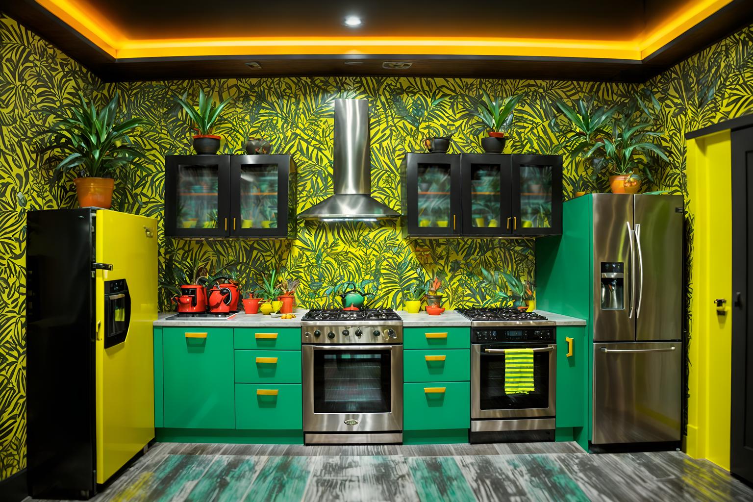 maximalist-style (kitchen interior) with plant and stove and refrigerator and worktops and sink and kitchen cabinets and plant. . with bold design and more is more philosophy and vibrant and eye-catching and bold patterns and over-the-top aesthetic and bold colors and playful. . cinematic photo, highly detailed, cinematic lighting, ultra-detailed, ultrarealistic, photorealism, 8k. maximalist interior design style. masterpiece, cinematic light, ultrarealistic+, photorealistic+, 8k, raw photo, realistic, sharp focus on eyes, (symmetrical eyes), (intact eyes), hyperrealistic, highest quality, best quality, , highly detailed, masterpiece, best quality, extremely detailed 8k wallpaper, masterpiece, best quality, ultra-detailed, best shadow, detailed background, detailed face, detailed eyes, high contrast, best illumination, detailed face, dulux, caustic, dynamic angle, detailed glow. dramatic lighting. highly detailed, insanely detailed hair, symmetrical, intricate details, professionally retouched, 8k high definition. strong bokeh. award winning photo.