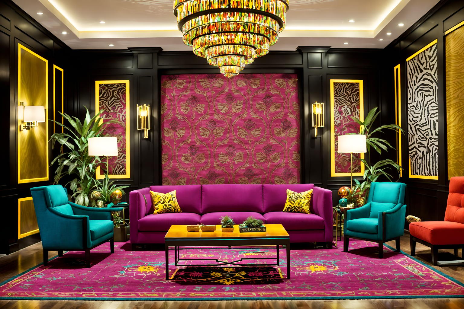 maximalist-style (hotel lobby interior) with sofas and hanging lamps and coffee tables and plant and check in desk and furniture and rug and lounge chairs. . with bold creativity and bold design and over-the-top aesthetic and bold patterns and playful and vibrant and eye-catching and more is more philosophy. . cinematic photo, highly detailed, cinematic lighting, ultra-detailed, ultrarealistic, photorealism, 8k. maximalist interior design style. masterpiece, cinematic light, ultrarealistic+, photorealistic+, 8k, raw photo, realistic, sharp focus on eyes, (symmetrical eyes), (intact eyes), hyperrealistic, highest quality, best quality, , highly detailed, masterpiece, best quality, extremely detailed 8k wallpaper, masterpiece, best quality, ultra-detailed, best shadow, detailed background, detailed face, detailed eyes, high contrast, best illumination, detailed face, dulux, caustic, dynamic angle, detailed glow. dramatic lighting. highly detailed, insanely detailed hair, symmetrical, intricate details, professionally retouched, 8k high definition. strong bokeh. award winning photo.