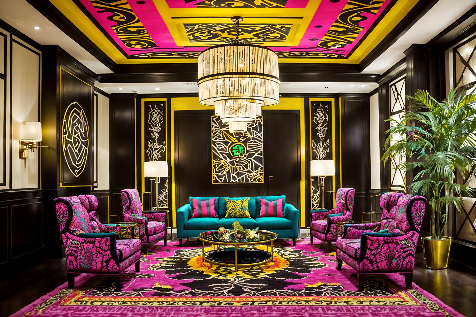 maximalist-style (hotel lobby interior) with sofas and hanging lamps and coffee tables and plant and check in desk and furniture and rug and lounge chairs. . with bold creativity and bold design and over-the-top aesthetic and bold patterns and playful and vibrant and eye-catching and more is more philosophy. . cinematic photo, highly detailed, cinematic lighting, ultra-detailed, ultrarealistic, photorealism, 8k. maximalist interior design style. masterpiece, cinematic light, ultrarealistic+, photorealistic+, 8k, raw photo, realistic, sharp focus on eyes, (symmetrical eyes), (intact eyes), hyperrealistic, highest quality, best quality, , highly detailed, masterpiece, best quality, extremely detailed 8k wallpaper, masterpiece, best quality, ultra-detailed, best shadow, detailed background, detailed face, detailed eyes, high contrast, best illumination, detailed face, dulux, caustic, dynamic angle, detailed glow. dramatic lighting. highly detailed, insanely detailed hair, symmetrical, intricate details, professionally retouched, 8k high definition. strong bokeh. award winning photo.