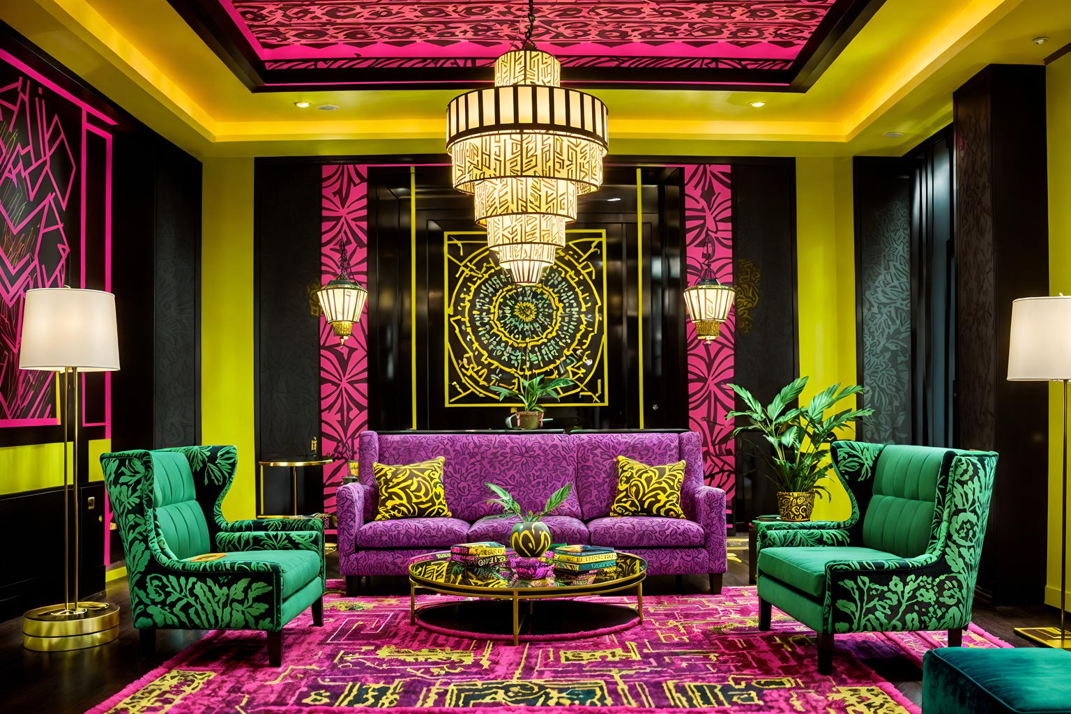 maximalist-style (hotel lobby interior) with sofas and hanging lamps and coffee tables and plant and check in desk and furniture and rug and lounge chairs. . with bold creativity and bold design and over-the-top aesthetic and bold patterns and playful and vibrant and eye-catching and more is more philosophy. . cinematic photo, highly detailed, cinematic lighting, ultra-detailed, ultrarealistic, photorealism, 8k. maximalist interior design style. masterpiece, cinematic light, ultrarealistic+, photorealistic+, 8k, raw photo, realistic, sharp focus on eyes, (symmetrical eyes), (intact eyes), hyperrealistic, highest quality, best quality, , highly detailed, masterpiece, best quality, extremely detailed 8k wallpaper, masterpiece, best quality, ultra-detailed, best shadow, detailed background, detailed face, detailed eyes, high contrast, best illumination, detailed face, dulux, caustic, dynamic angle, detailed glow. dramatic lighting. highly detailed, insanely detailed hair, symmetrical, intricate details, professionally retouched, 8k high definition. strong bokeh. award winning photo.