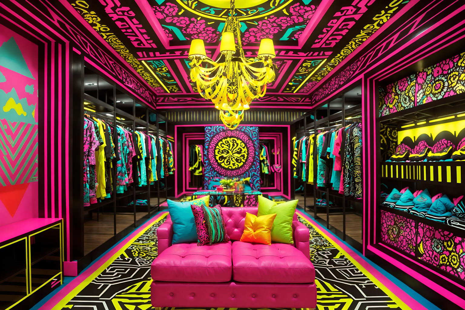 maximalist-style (clothing store interior) . with bold colors and vibrant and eye-catching and playful and over-the-top aesthetic and bold patterns and more is more philosophy and bold design. . cinematic photo, highly detailed, cinematic lighting, ultra-detailed, ultrarealistic, photorealism, 8k. maximalist interior design style. masterpiece, cinematic light, ultrarealistic+, photorealistic+, 8k, raw photo, realistic, sharp focus on eyes, (symmetrical eyes), (intact eyes), hyperrealistic, highest quality, best quality, , highly detailed, masterpiece, best quality, extremely detailed 8k wallpaper, masterpiece, best quality, ultra-detailed, best shadow, detailed background, detailed face, detailed eyes, high contrast, best illumination, detailed face, dulux, caustic, dynamic angle, detailed glow. dramatic lighting. highly detailed, insanely detailed hair, symmetrical, intricate details, professionally retouched, 8k high definition. strong bokeh. award winning photo.