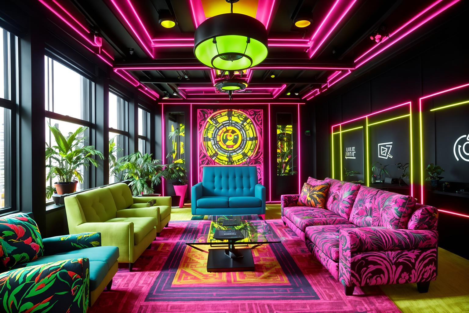 maximalist-style (office interior) with windows and desk lamps and computer desks and office desks and office chairs and lounge chairs and plants and cabinets. . with bold creativity and over-the-top aesthetic and more is more philosophy and bold design and playful and bold colors and vibrant and eye-catching. . cinematic photo, highly detailed, cinematic lighting, ultra-detailed, ultrarealistic, photorealism, 8k. maximalist interior design style. masterpiece, cinematic light, ultrarealistic+, photorealistic+, 8k, raw photo, realistic, sharp focus on eyes, (symmetrical eyes), (intact eyes), hyperrealistic, highest quality, best quality, , highly detailed, masterpiece, best quality, extremely detailed 8k wallpaper, masterpiece, best quality, ultra-detailed, best shadow, detailed background, detailed face, detailed eyes, high contrast, best illumination, detailed face, dulux, caustic, dynamic angle, detailed glow. dramatic lighting. highly detailed, insanely detailed hair, symmetrical, intricate details, professionally retouched, 8k high definition. strong bokeh. award winning photo.