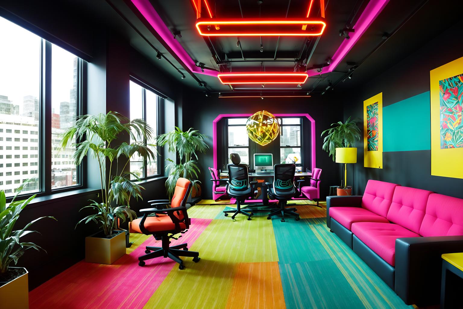 maximalist-style (office interior) with windows and desk lamps and computer desks and office desks and office chairs and lounge chairs and plants and cabinets. . with bold creativity and over-the-top aesthetic and more is more philosophy and bold design and playful and bold colors and vibrant and eye-catching. . cinematic photo, highly detailed, cinematic lighting, ultra-detailed, ultrarealistic, photorealism, 8k. maximalist interior design style. masterpiece, cinematic light, ultrarealistic+, photorealistic+, 8k, raw photo, realistic, sharp focus on eyes, (symmetrical eyes), (intact eyes), hyperrealistic, highest quality, best quality, , highly detailed, masterpiece, best quality, extremely detailed 8k wallpaper, masterpiece, best quality, ultra-detailed, best shadow, detailed background, detailed face, detailed eyes, high contrast, best illumination, detailed face, dulux, caustic, dynamic angle, detailed glow. dramatic lighting. highly detailed, insanely detailed hair, symmetrical, intricate details, professionally retouched, 8k high definition. strong bokeh. award winning photo.