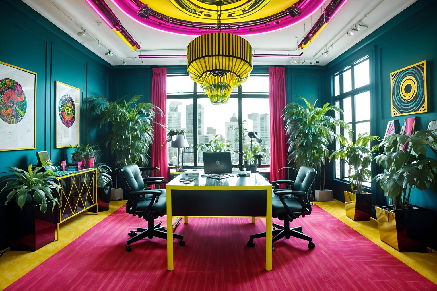 maximalist-style (office interior) with windows and desk lamps and computer desks and office desks and office chairs and lounge chairs and plants and cabinets. . with bold creativity and over-the-top aesthetic and more is more philosophy and bold design and playful and bold colors and vibrant and eye-catching. . cinematic photo, highly detailed, cinematic lighting, ultra-detailed, ultrarealistic, photorealism, 8k. maximalist interior design style. masterpiece, cinematic light, ultrarealistic+, photorealistic+, 8k, raw photo, realistic, sharp focus on eyes, (symmetrical eyes), (intact eyes), hyperrealistic, highest quality, best quality, , highly detailed, masterpiece, best quality, extremely detailed 8k wallpaper, masterpiece, best quality, ultra-detailed, best shadow, detailed background, detailed face, detailed eyes, high contrast, best illumination, detailed face, dulux, caustic, dynamic angle, detailed glow. dramatic lighting. highly detailed, insanely detailed hair, symmetrical, intricate details, professionally retouched, 8k high definition. strong bokeh. award winning photo.