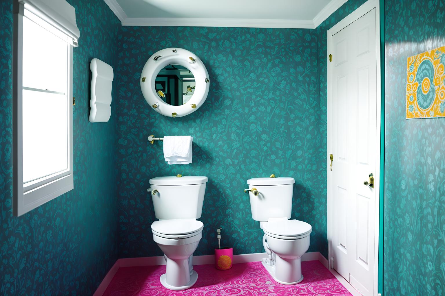 maximalist-style (toilet interior) with toilet with toilet seat up and sink with tap and toilet paper hanger and toilet with toilet seat up. . with playful and eye-catching and vibrant and over-the-top aesthetic and bold design and bold patterns and bold colors and more is more philosophy. . cinematic photo, highly detailed, cinematic lighting, ultra-detailed, ultrarealistic, photorealism, 8k. maximalist interior design style. masterpiece, cinematic light, ultrarealistic+, photorealistic+, 8k, raw photo, realistic, sharp focus on eyes, (symmetrical eyes), (intact eyes), hyperrealistic, highest quality, best quality, , highly detailed, masterpiece, best quality, extremely detailed 8k wallpaper, masterpiece, best quality, ultra-detailed, best shadow, detailed background, detailed face, detailed eyes, high contrast, best illumination, detailed face, dulux, caustic, dynamic angle, detailed glow. dramatic lighting. highly detailed, insanely detailed hair, symmetrical, intricate details, professionally retouched, 8k high definition. strong bokeh. award winning photo.