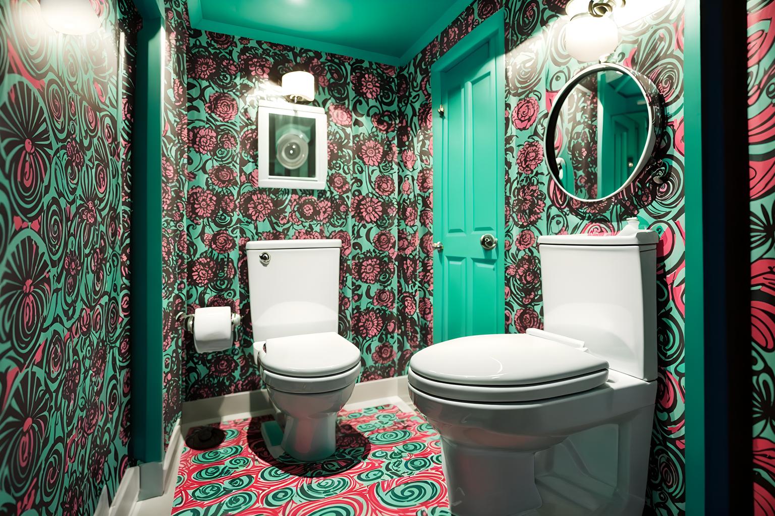 maximalist-style (toilet interior) with toilet with toilet seat up and sink with tap and toilet paper hanger and toilet with toilet seat up. . with playful and eye-catching and vibrant and over-the-top aesthetic and bold design and bold patterns and bold colors and more is more philosophy. . cinematic photo, highly detailed, cinematic lighting, ultra-detailed, ultrarealistic, photorealism, 8k. maximalist interior design style. masterpiece, cinematic light, ultrarealistic+, photorealistic+, 8k, raw photo, realistic, sharp focus on eyes, (symmetrical eyes), (intact eyes), hyperrealistic, highest quality, best quality, , highly detailed, masterpiece, best quality, extremely detailed 8k wallpaper, masterpiece, best quality, ultra-detailed, best shadow, detailed background, detailed face, detailed eyes, high contrast, best illumination, detailed face, dulux, caustic, dynamic angle, detailed glow. dramatic lighting. highly detailed, insanely detailed hair, symmetrical, intricate details, professionally retouched, 8k high definition. strong bokeh. award winning photo.