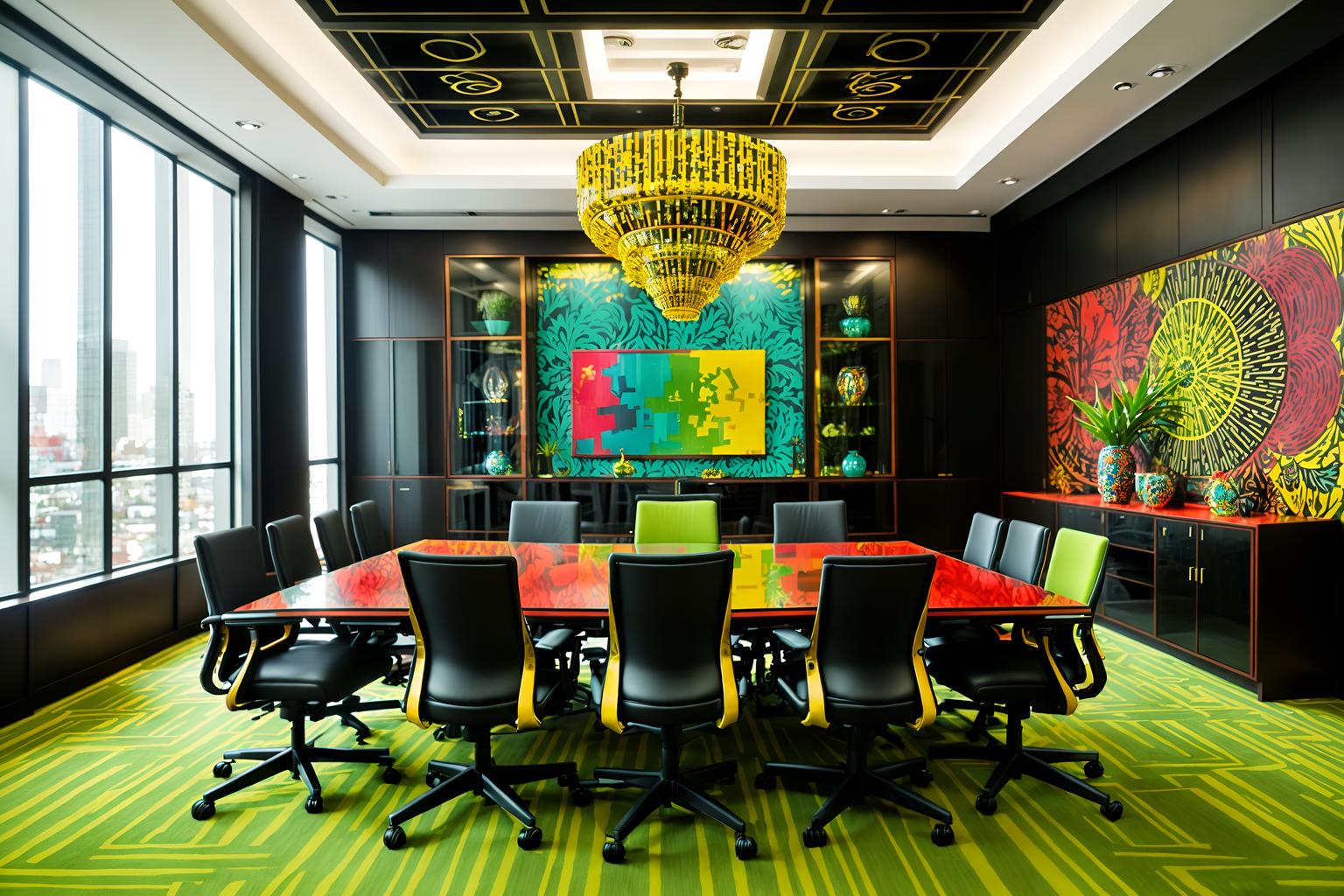 maximalist-style (meeting room interior) with glass walls and vase and cabinets and painting or photo on wall and office chairs and boardroom table and plant and glass doors. . with over-the-top aesthetic and bold patterns and more is more philosophy and vibrant and eye-catching and bold creativity and playful and bold design. . cinematic photo, highly detailed, cinematic lighting, ultra-detailed, ultrarealistic, photorealism, 8k. maximalist interior design style. masterpiece, cinematic light, ultrarealistic+, photorealistic+, 8k, raw photo, realistic, sharp focus on eyes, (symmetrical eyes), (intact eyes), hyperrealistic, highest quality, best quality, , highly detailed, masterpiece, best quality, extremely detailed 8k wallpaper, masterpiece, best quality, ultra-detailed, best shadow, detailed background, detailed face, detailed eyes, high contrast, best illumination, detailed face, dulux, caustic, dynamic angle, detailed glow. dramatic lighting. highly detailed, insanely detailed hair, symmetrical, intricate details, professionally retouched, 8k high definition. strong bokeh. award winning photo.