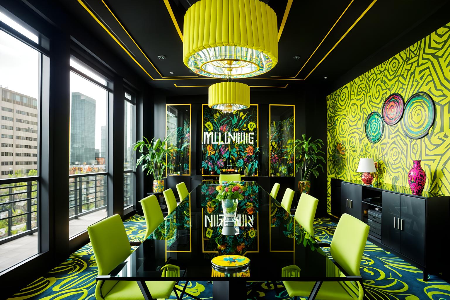 maximalist-style (meeting room interior) with glass walls and vase and cabinets and painting or photo on wall and office chairs and boardroom table and plant and glass doors. . with over-the-top aesthetic and bold patterns and more is more philosophy and vibrant and eye-catching and bold creativity and playful and bold design. . cinematic photo, highly detailed, cinematic lighting, ultra-detailed, ultrarealistic, photorealism, 8k. maximalist interior design style. masterpiece, cinematic light, ultrarealistic+, photorealistic+, 8k, raw photo, realistic, sharp focus on eyes, (symmetrical eyes), (intact eyes), hyperrealistic, highest quality, best quality, , highly detailed, masterpiece, best quality, extremely detailed 8k wallpaper, masterpiece, best quality, ultra-detailed, best shadow, detailed background, detailed face, detailed eyes, high contrast, best illumination, detailed face, dulux, caustic, dynamic angle, detailed glow. dramatic lighting. highly detailed, insanely detailed hair, symmetrical, intricate details, professionally retouched, 8k high definition. strong bokeh. award winning photo.