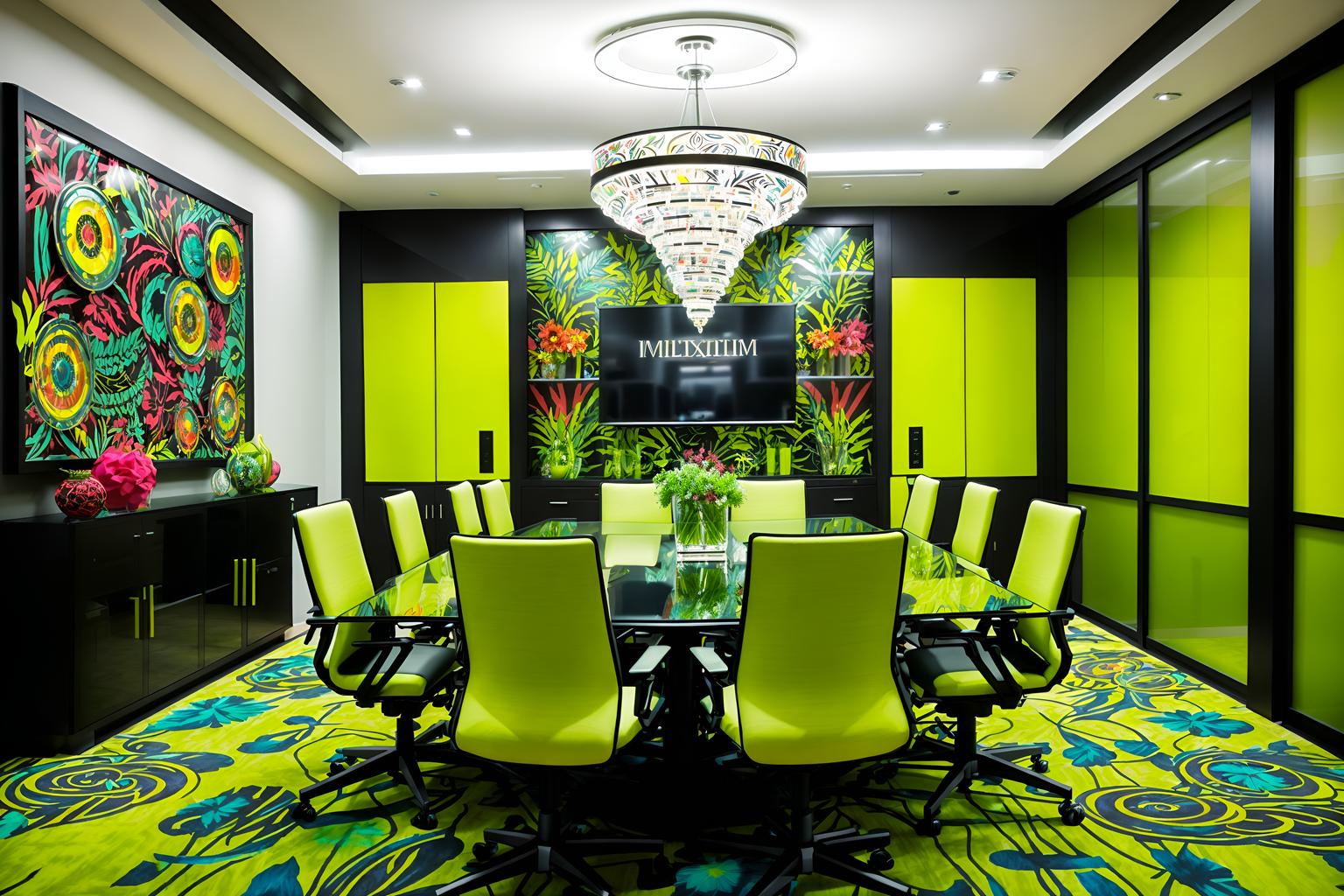 maximalist-style (meeting room interior) with glass walls and vase and cabinets and painting or photo on wall and office chairs and boardroom table and plant and glass doors. . with over-the-top aesthetic and bold patterns and more is more philosophy and vibrant and eye-catching and bold creativity and playful and bold design. . cinematic photo, highly detailed, cinematic lighting, ultra-detailed, ultrarealistic, photorealism, 8k. maximalist interior design style. masterpiece, cinematic light, ultrarealistic+, photorealistic+, 8k, raw photo, realistic, sharp focus on eyes, (symmetrical eyes), (intact eyes), hyperrealistic, highest quality, best quality, , highly detailed, masterpiece, best quality, extremely detailed 8k wallpaper, masterpiece, best quality, ultra-detailed, best shadow, detailed background, detailed face, detailed eyes, high contrast, best illumination, detailed face, dulux, caustic, dynamic angle, detailed glow. dramatic lighting. highly detailed, insanely detailed hair, symmetrical, intricate details, professionally retouched, 8k high definition. strong bokeh. award winning photo.