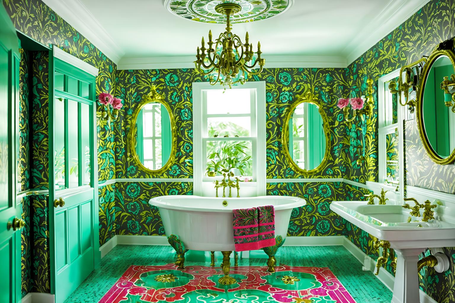 maximalist-style (bathroom interior) with bathtub and bathroom sink with faucet and bathroom cabinet and toilet seat and bath rail and shower and mirror and plant. . with vibrant and bold creativity and bold patterns and more is more philosophy and bold colors and over-the-top aesthetic and eye-catching and bold design. . cinematic photo, highly detailed, cinematic lighting, ultra-detailed, ultrarealistic, photorealism, 8k. maximalist interior design style. masterpiece, cinematic light, ultrarealistic+, photorealistic+, 8k, raw photo, realistic, sharp focus on eyes, (symmetrical eyes), (intact eyes), hyperrealistic, highest quality, best quality, , highly detailed, masterpiece, best quality, extremely detailed 8k wallpaper, masterpiece, best quality, ultra-detailed, best shadow, detailed background, detailed face, detailed eyes, high contrast, best illumination, detailed face, dulux, caustic, dynamic angle, detailed glow. dramatic lighting. highly detailed, insanely detailed hair, symmetrical, intricate details, professionally retouched, 8k high definition. strong bokeh. award winning photo.